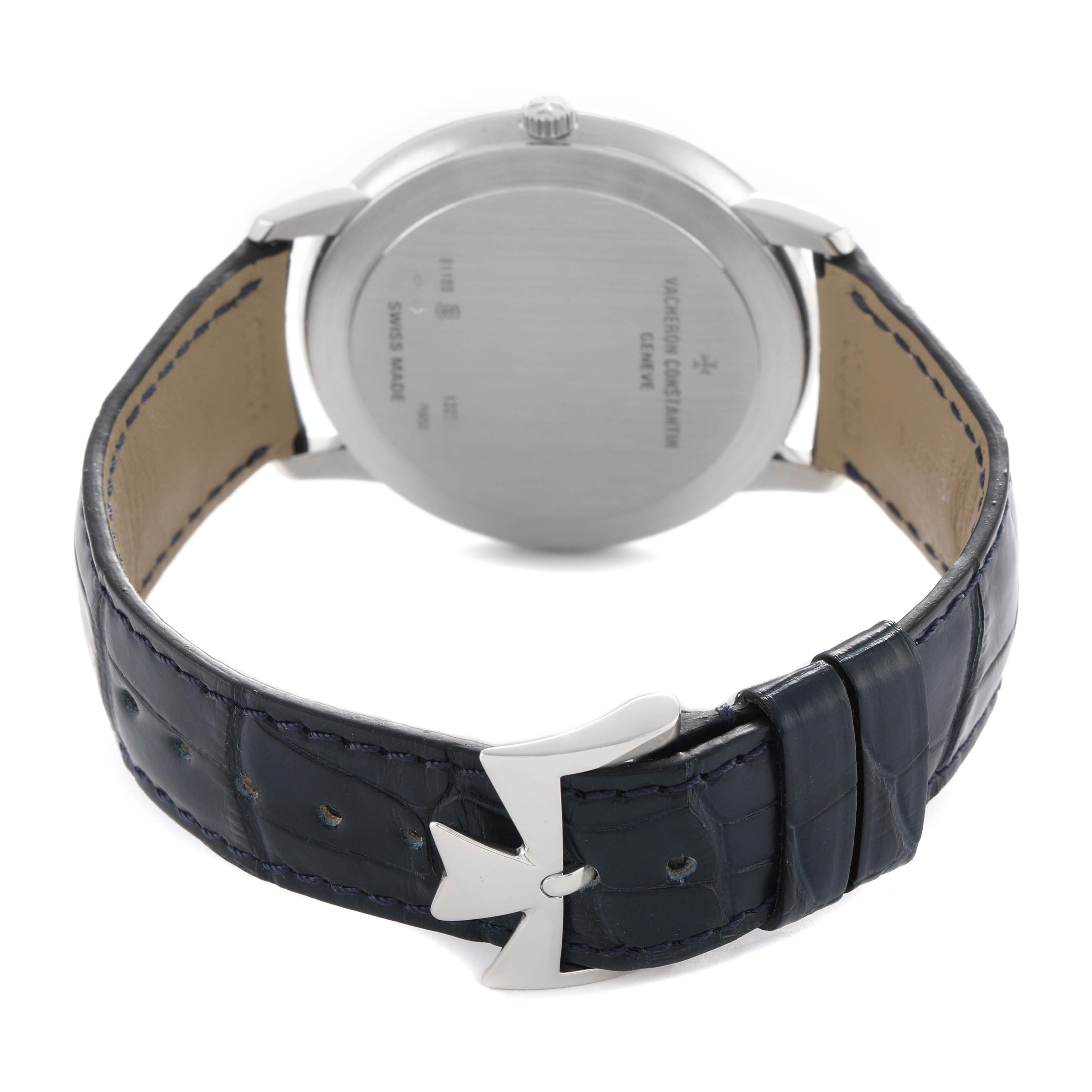 The image shows the back view of a Vacheron Constantin Patrimony 81180/000P-9539 Men's Platinum Grey Dial watch, highlighting its clasp and leather strap.