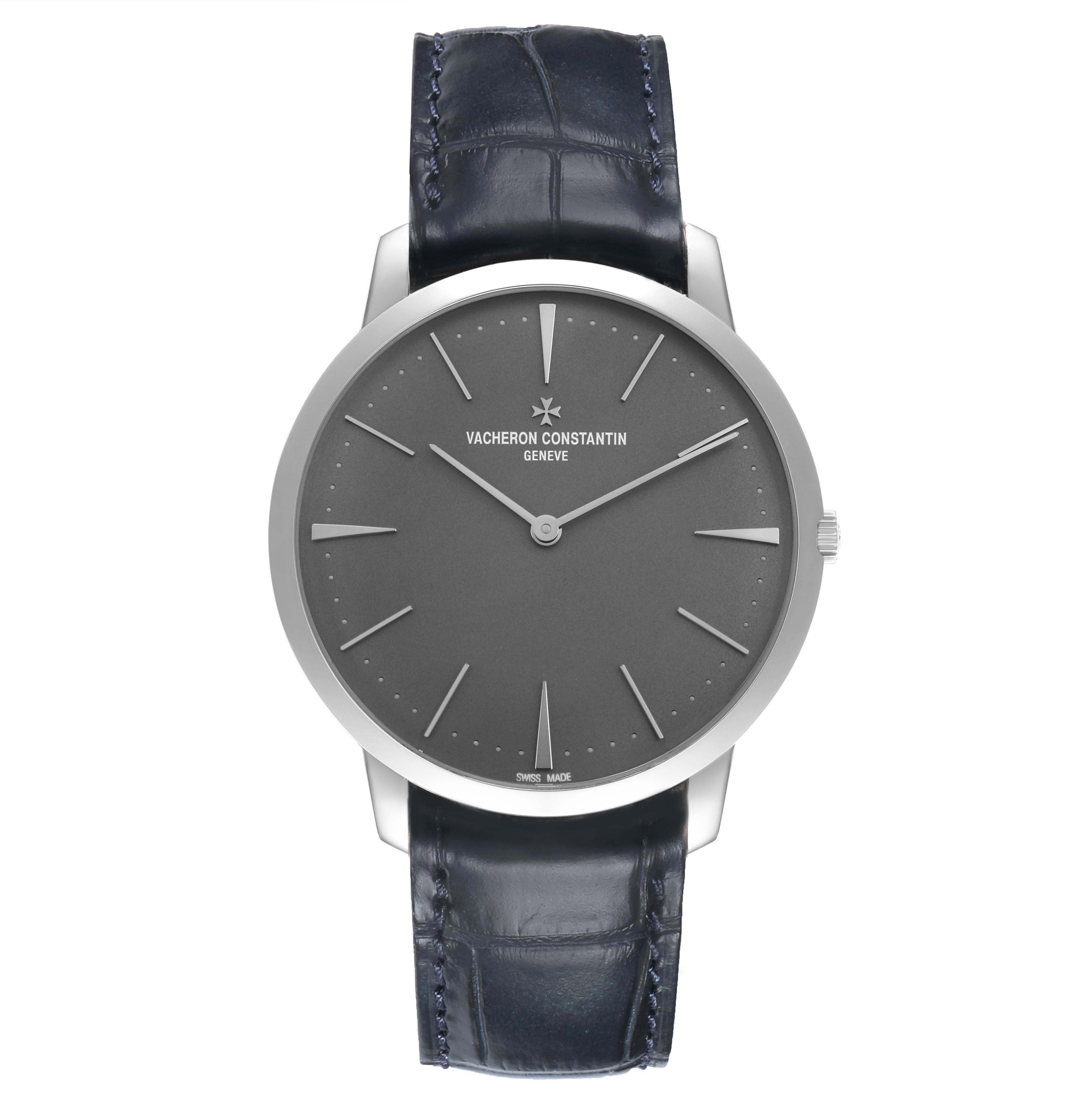 The Vacheron Constantin Patrimony 81180/000P-9539 Men's Platinum Grey Dial watch is shown from the front, highlighting its face, hands, case, and strap.