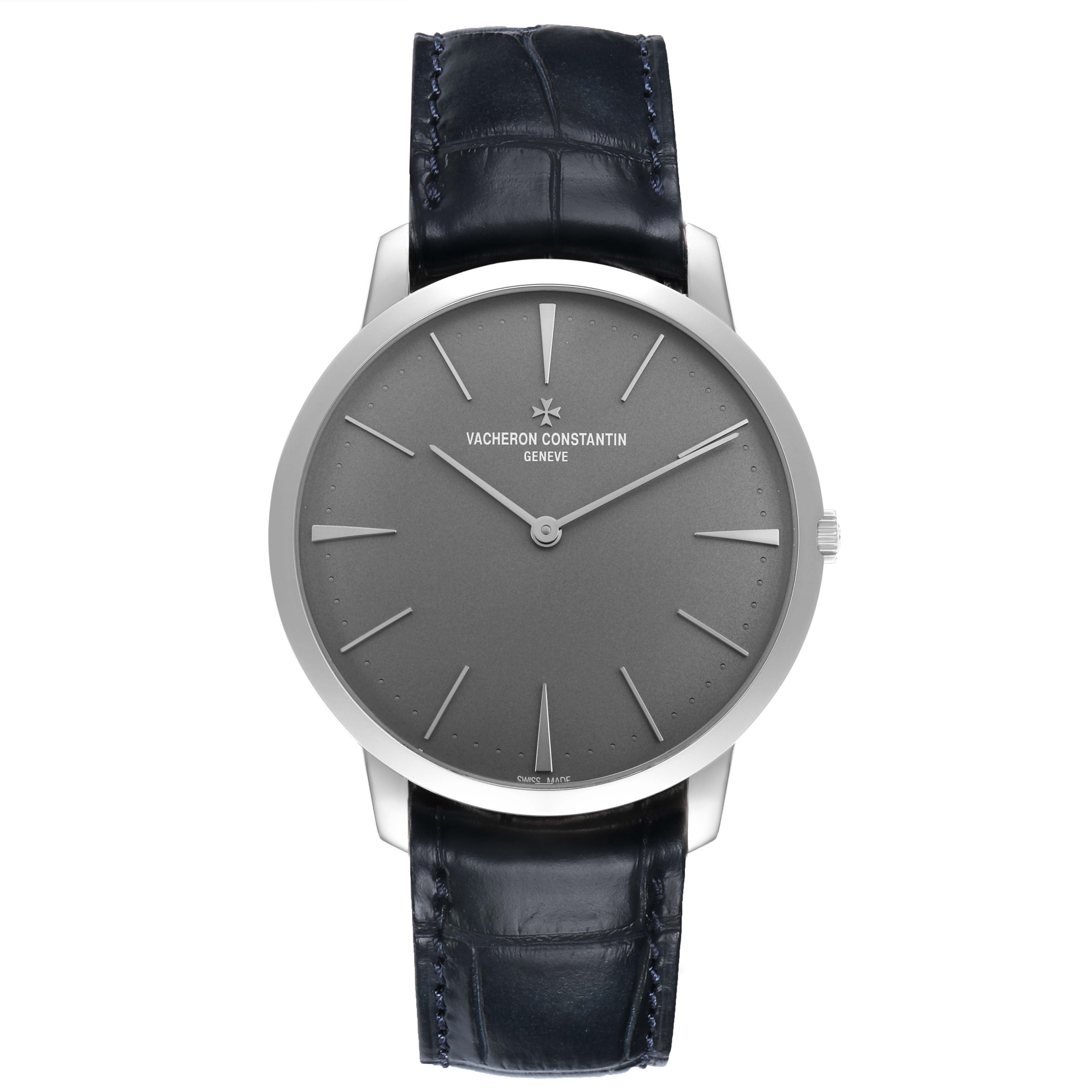 The Vacheron Constantin Patrimony 81180/000P-9539 Men's Platinum Grey Dial watch is shown from a front angle, displaying its face, hands, and leather strap.