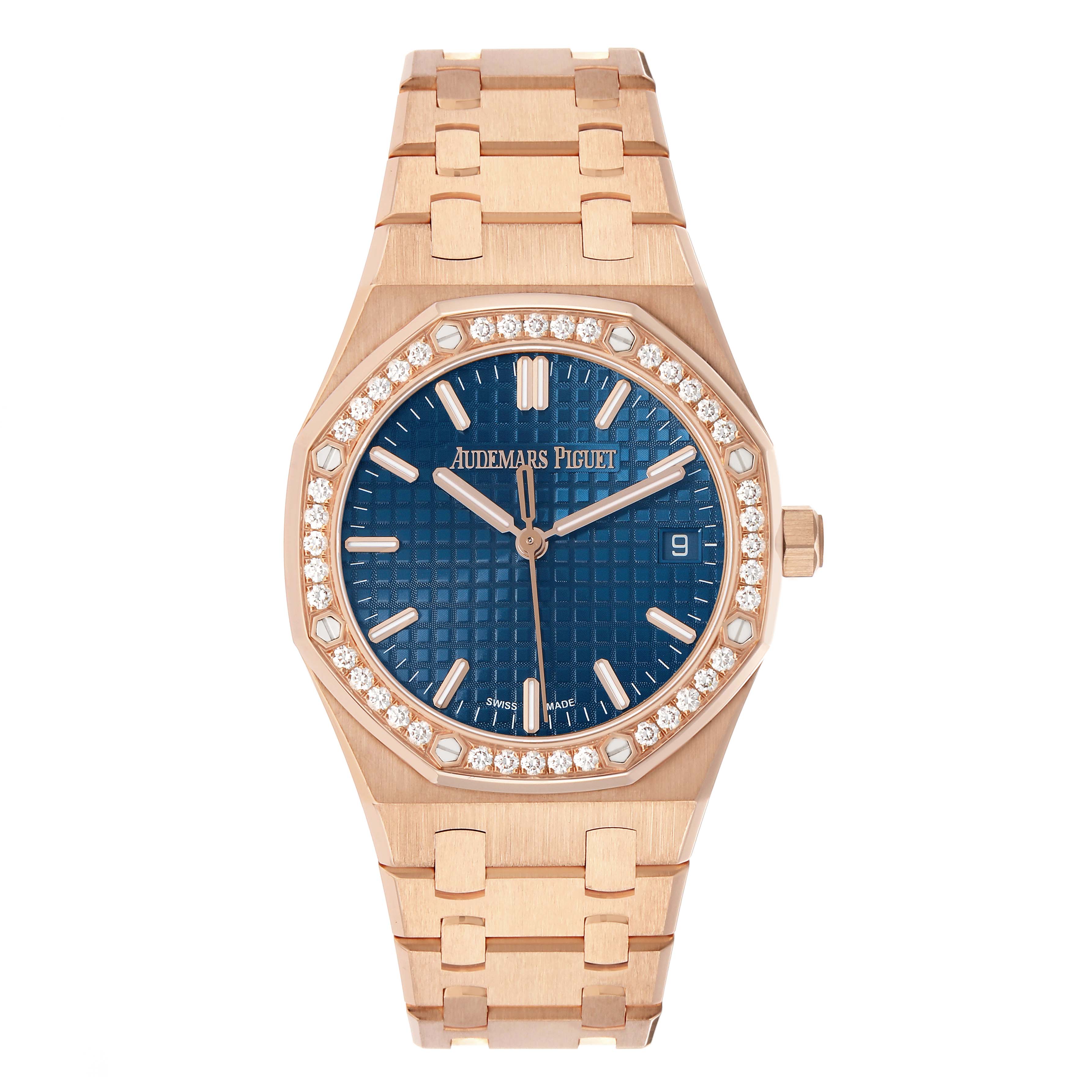 The image shows a frontal view of an Audemars Piguet Royal Oak 77451OR Women's Rose Gold Blue Dial with a blue dial and diamond bezel.