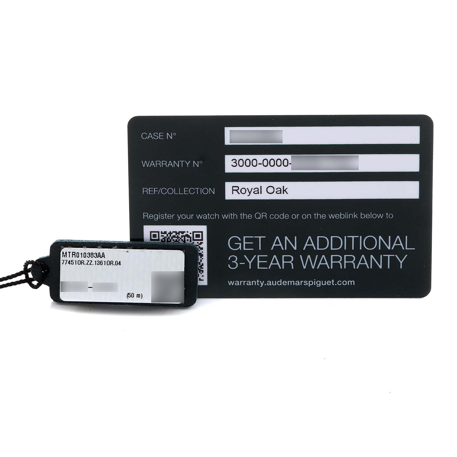 The image shows a Royal Oak warranty card and tag from Audemars Piguet, viewed from above.