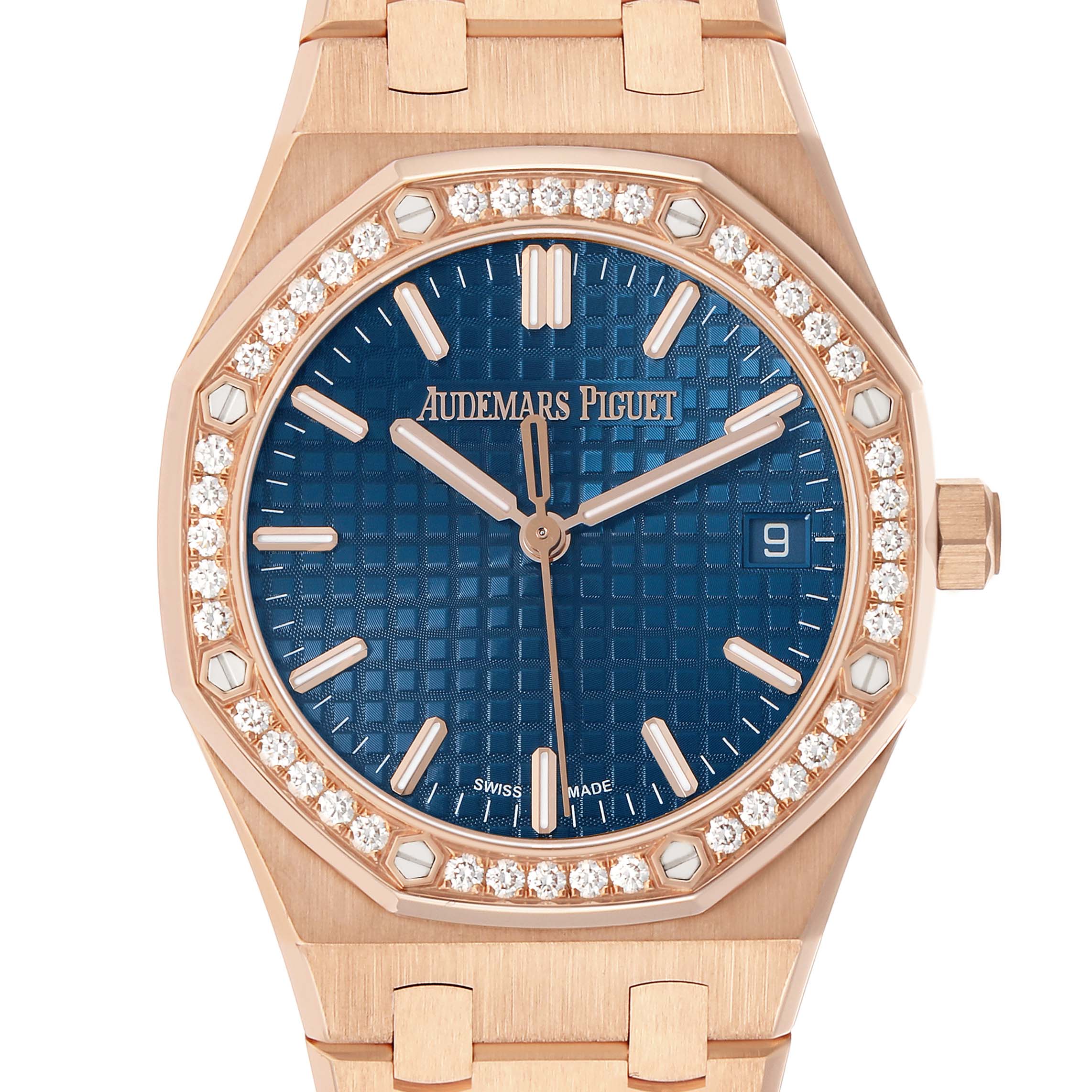 The Audemars Piguet Royal Oak 77451OR Women's Rose Gold Blue Dial watch is shown from the front, highlighting the blue dial, diamond-set bezel, and bracelet.