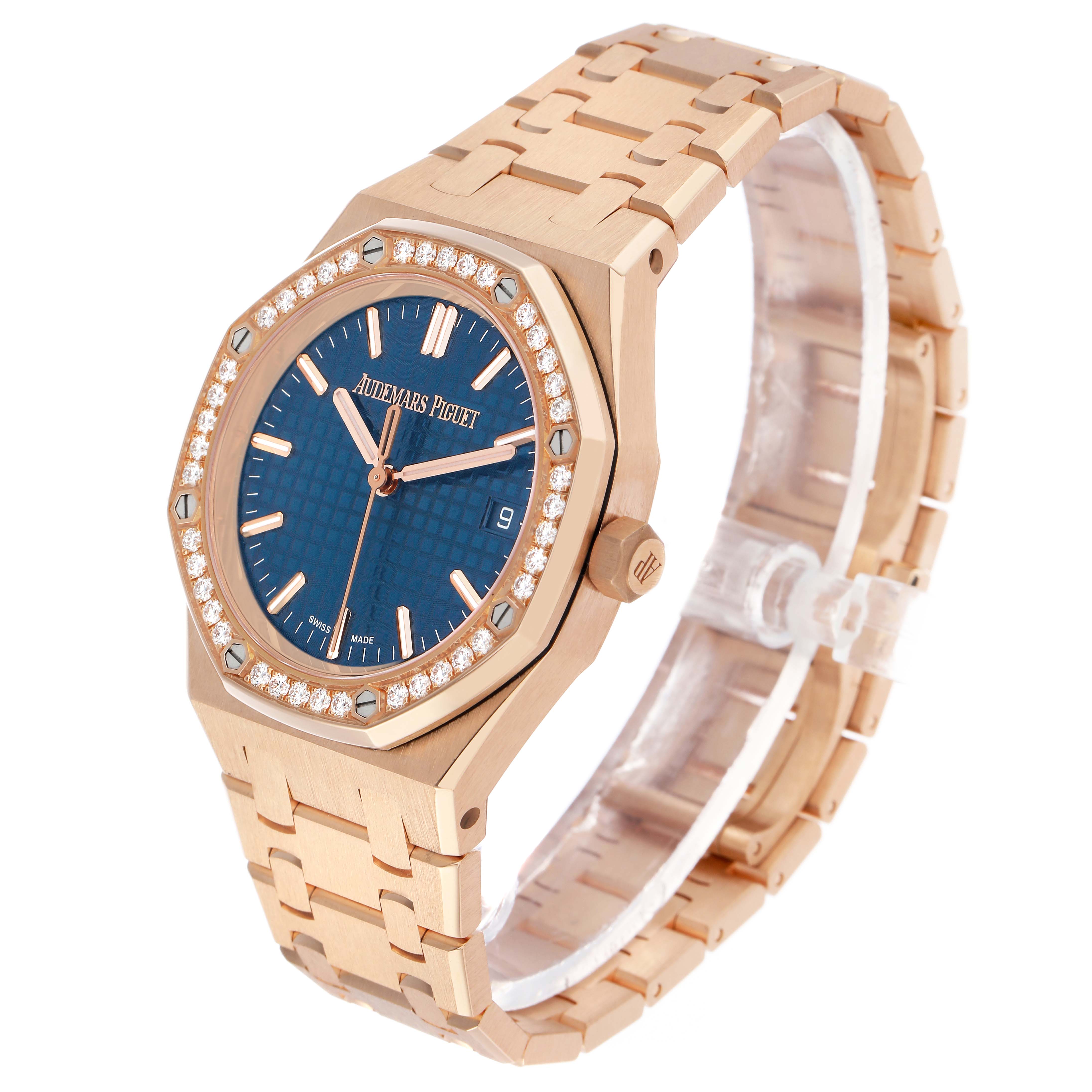 The Audemars Piguet Royal Oak 77451OR Women's Rose Gold Blue Dial watch is shown at a side angle, highlighting the dial, bezel, crown, and bracelet.