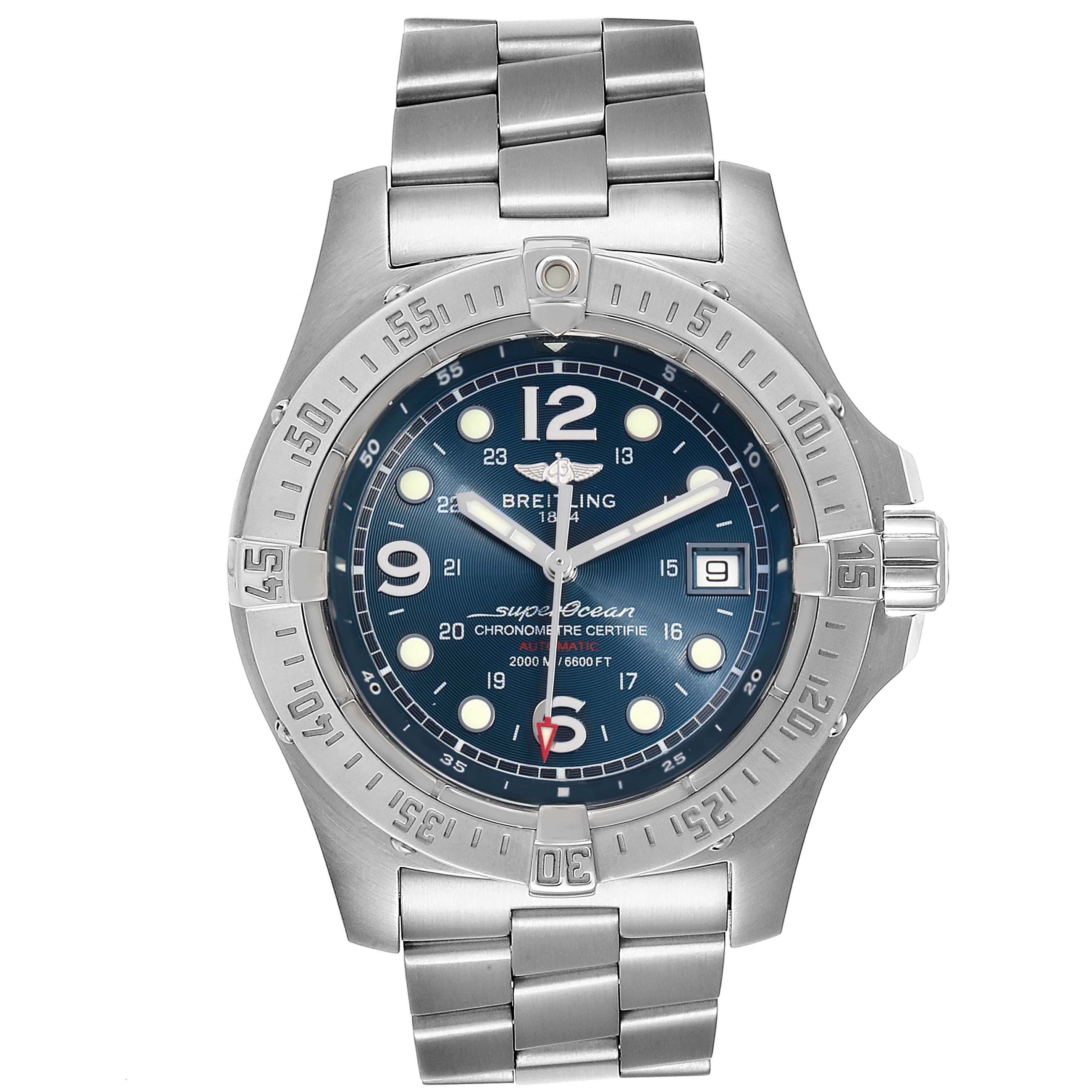 The image shows a front view of the Breitling Superocean A17390 Men
s Stainless Steel Blue Dial A17390 Men
s Stainless Steel Blue Dial watch, displaying its dial, bezel, crown, and metal bracelet.
