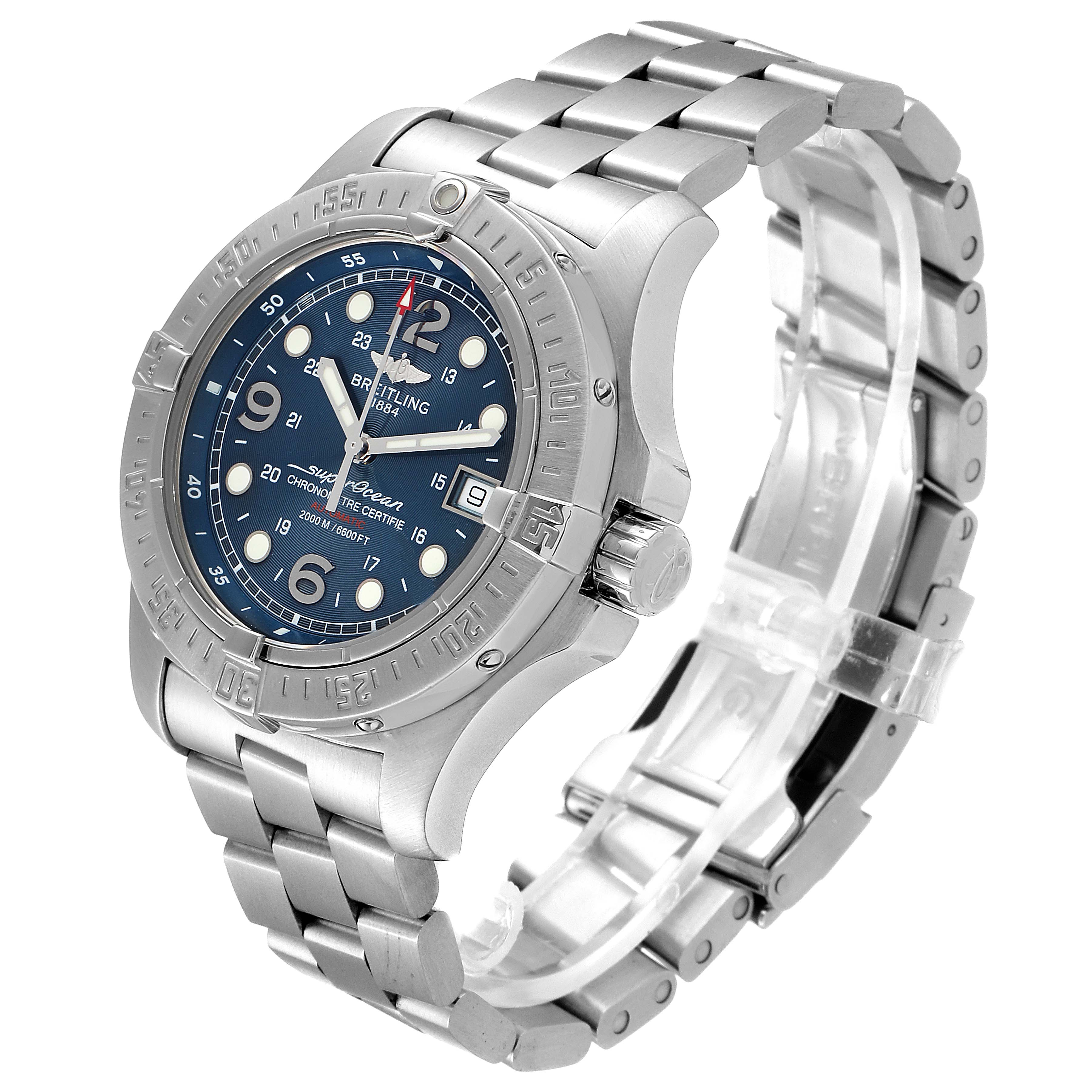 The image shows a Breitling Superocean A17390 Men
s Stainless Steel Blue Dial A17390 Men
s Stainless Steel Blue Dial watch from a three-quarter angle, highlighting the dial, bezel, crown, and metal bracelet.