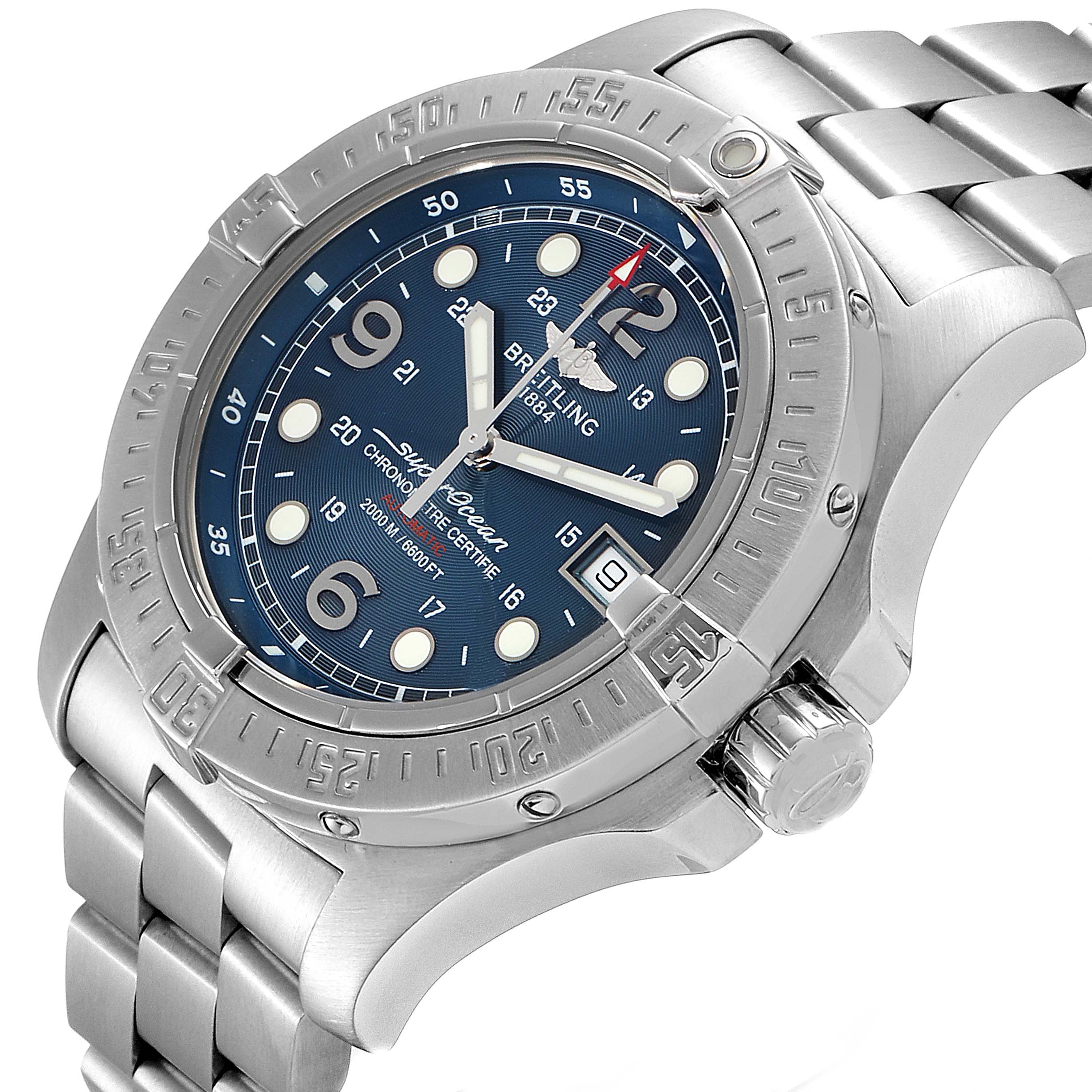The image shows a Breitling Superocean A17390 Men
s Stainless Steel Blue Dial A17390 Men
s Stainless Steel Blue Dial watch from an angled view, highlighting the dial, bezel, and stainless steel bracelet.