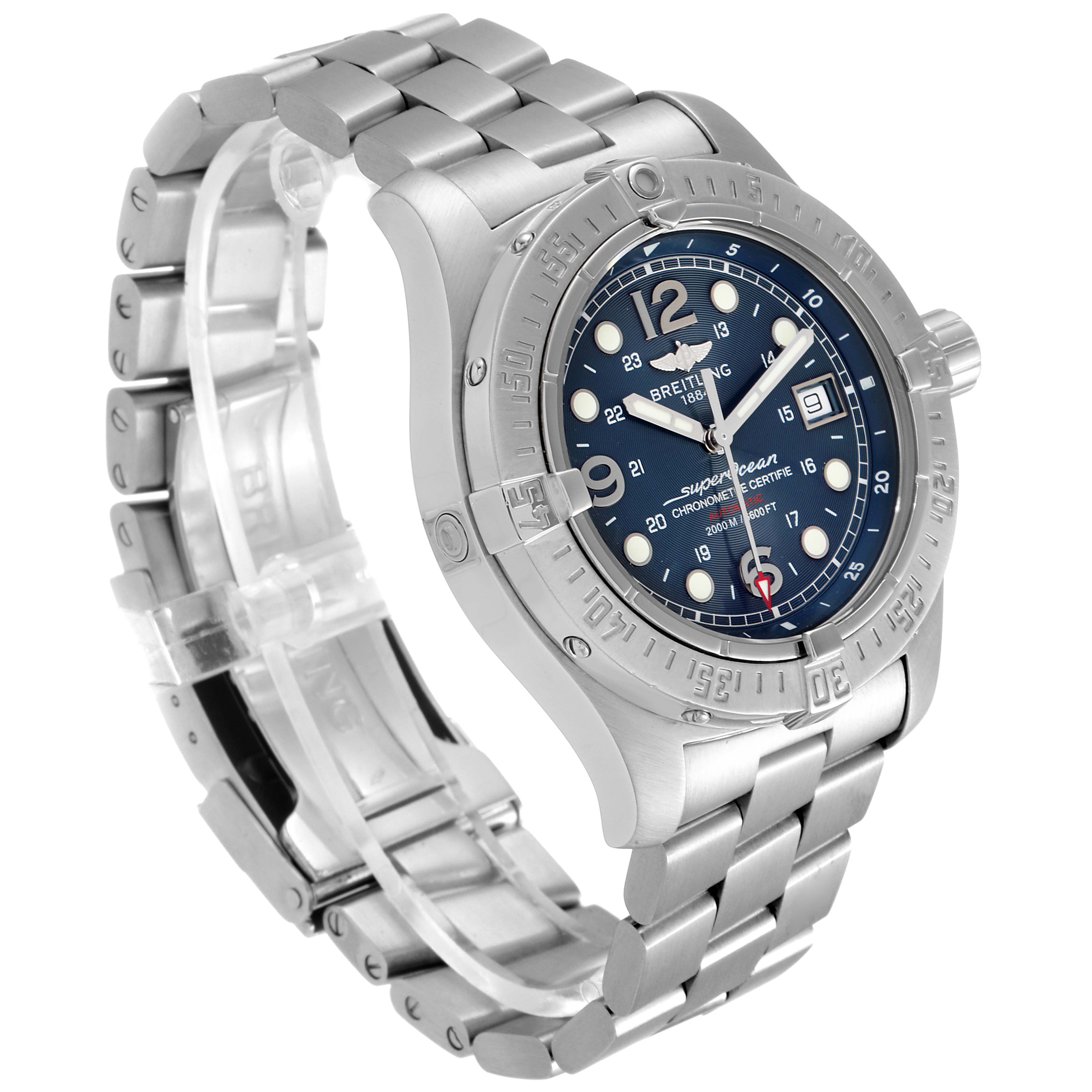 The image shows a stainless steel Breitling Superocean A17390 Men
s Stainless Steel Blue Dial A17390 Men
s Stainless Steel Blue Dial watch from a side angle, highlighting the bracelet and dial.