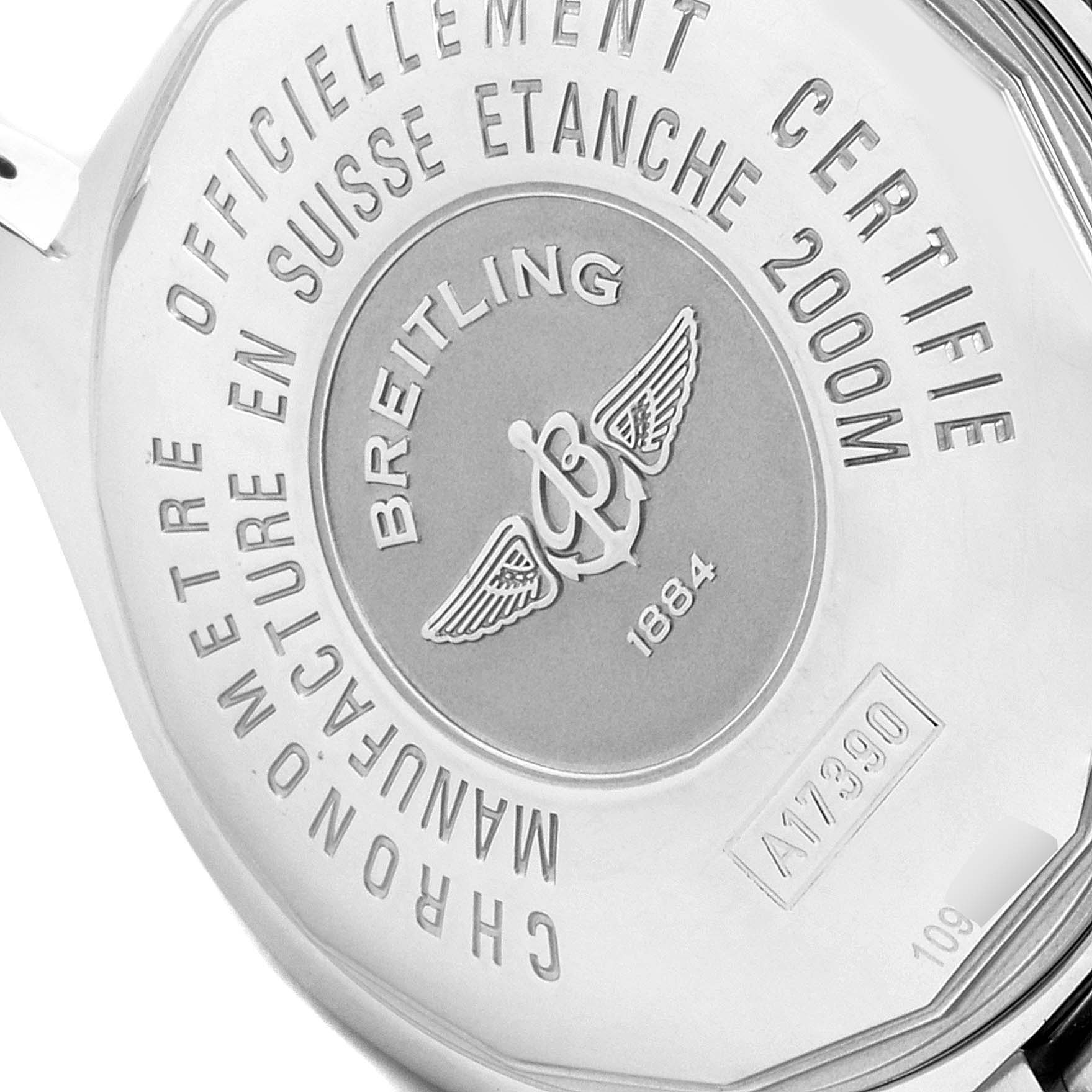 The image shows the back case of a Breitling Superocean A17390 Men
s Stainless Steel Blue Dial A17390 Men
s Stainless Steel Blue Dial watch, highlighting engravings and brand details.