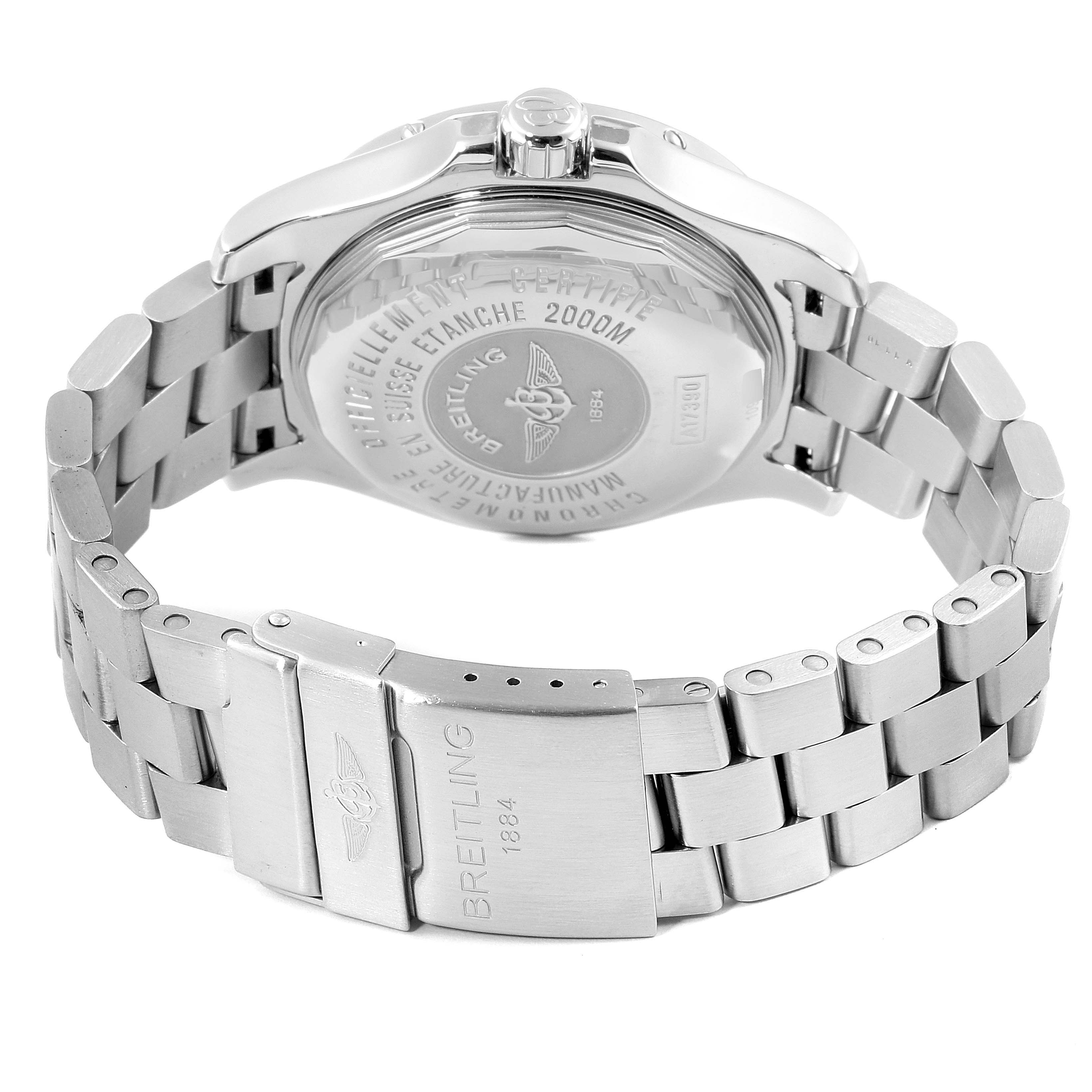 The image shows the back and clasp of a Breitling Superocean A17390 Men
s Stainless Steel Blue Dial A17390 Men
s Stainless Steel Blue Dial watch, featuring the engraved case back and metal bracelet.