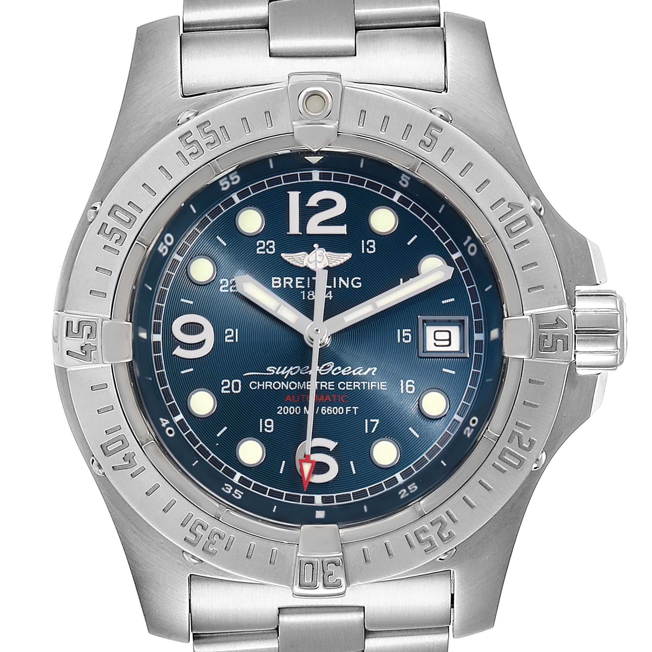 This image shows the front view of a Breitling Superocean A17390 Men
s Stainless Steel Blue Dial A17390 Men
s Stainless Steel Blue Dial watch, highlighting its dial, bezel, and part of the bracelet.