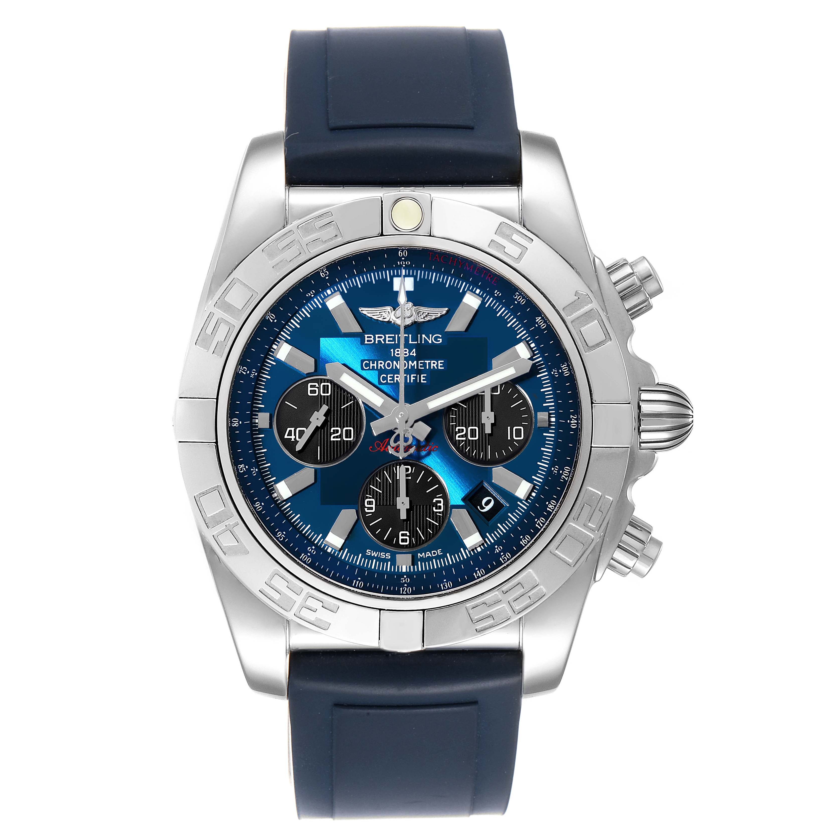 The image shows a front view of the Breitling Chronomat AB0110 Men
s Stainless Steel Blue Dial AB0110 Men
s Stainless Steel Blue Dial watch, featuring its blue dial, subdials, and stainless-steel bezel with a rubber strap.