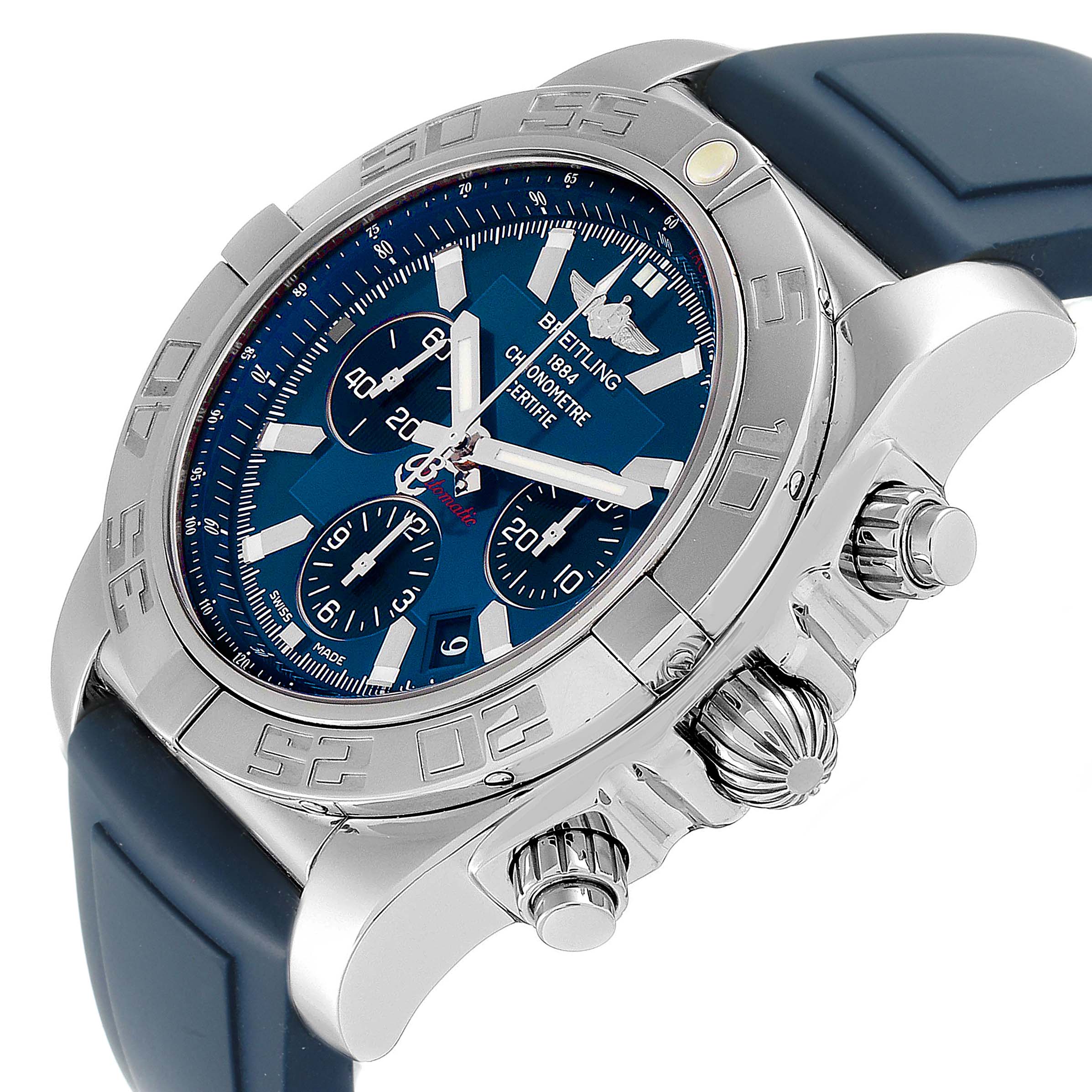 The image shows a side angle of a Breitling Chronomat AB0110 Men
s Stainless Steel Blue Dial AB0110 Men
s Stainless Steel Blue Dial watch, highlighting the bezel, dial, pushers, and crown.