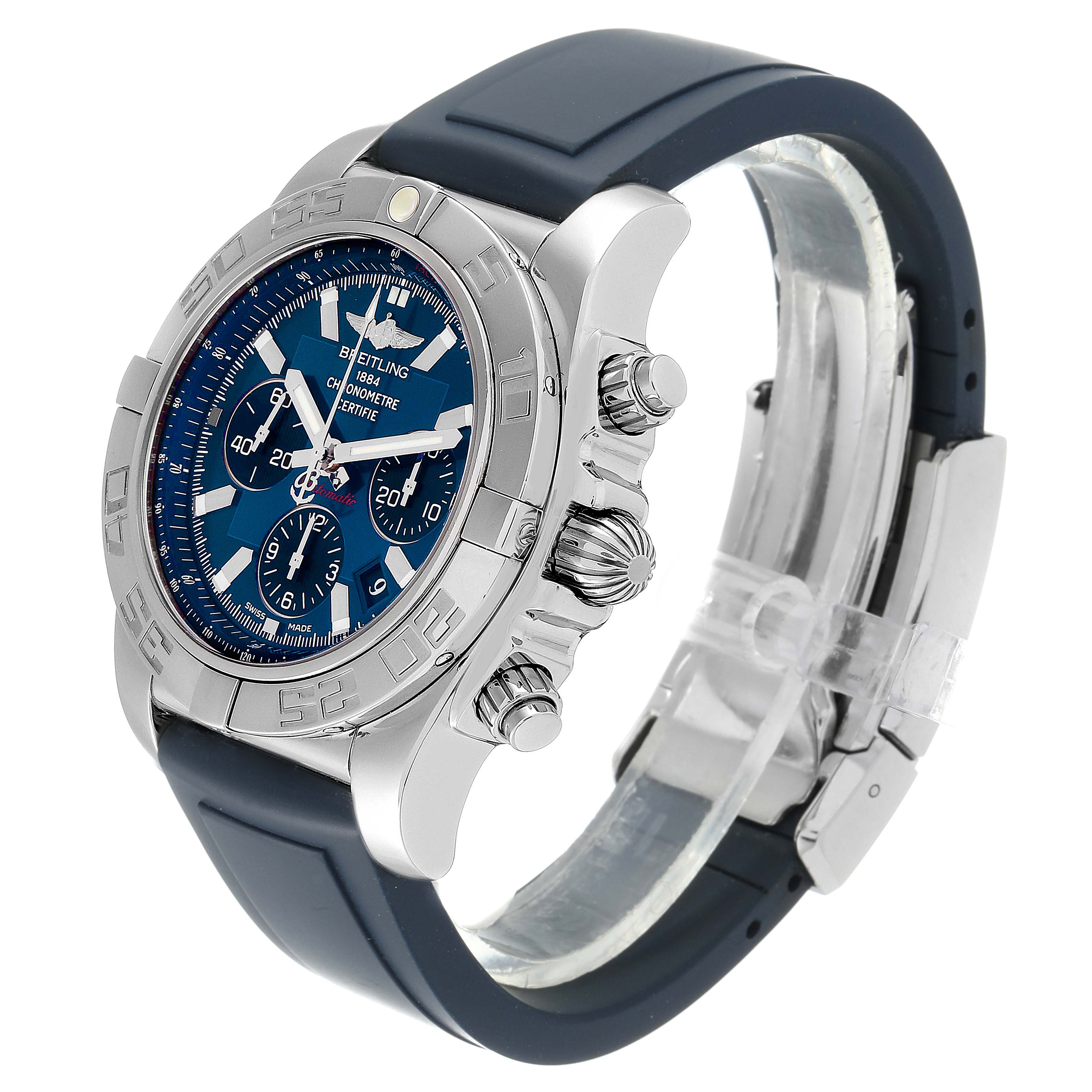 This image shows the Breitling Chronomat AB0110 Men
s Stainless Steel Blue Dial AB0110 Men
s Stainless Steel Blue Dial watch from a 3/4 angle, showcasing its bezel, dial, chronograph buttons, and rubber strap.