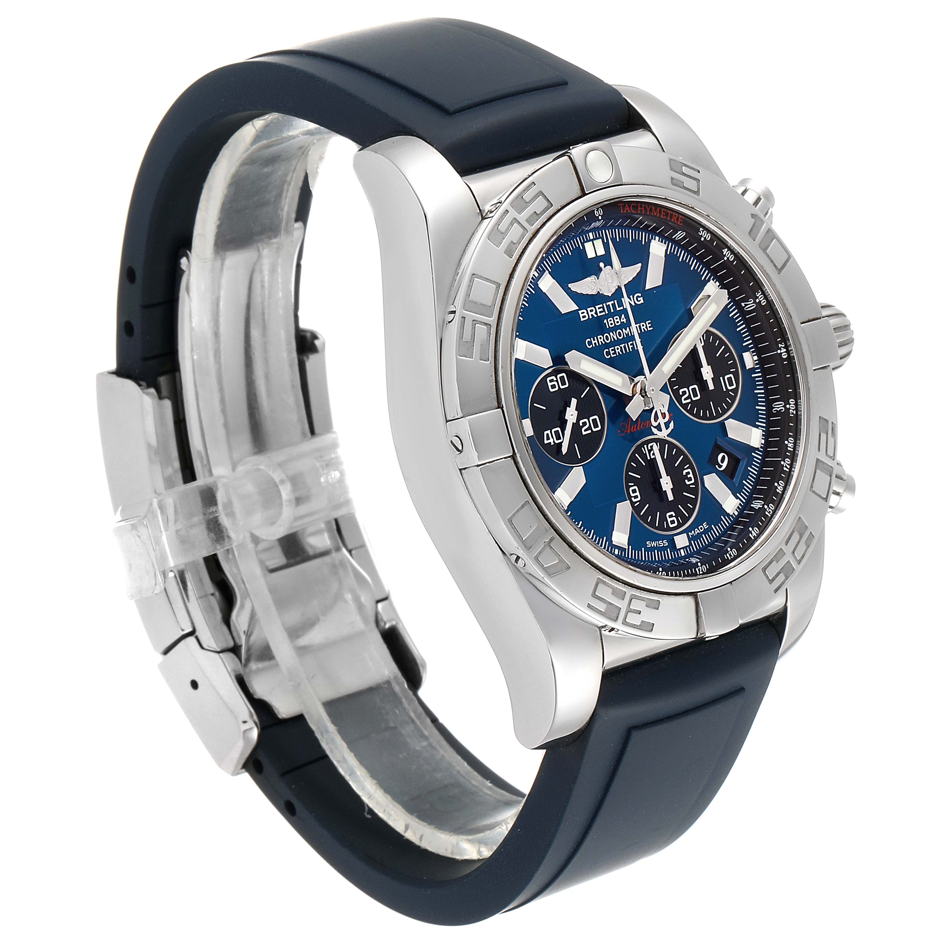 The image shows a Breitling Chronomat AB0110 Men
s Stainless Steel Blue Dial AB0110 Men
s Stainless Steel Blue Dial watch angled from the front-left, displaying the face, bezel, case, crown, and band.