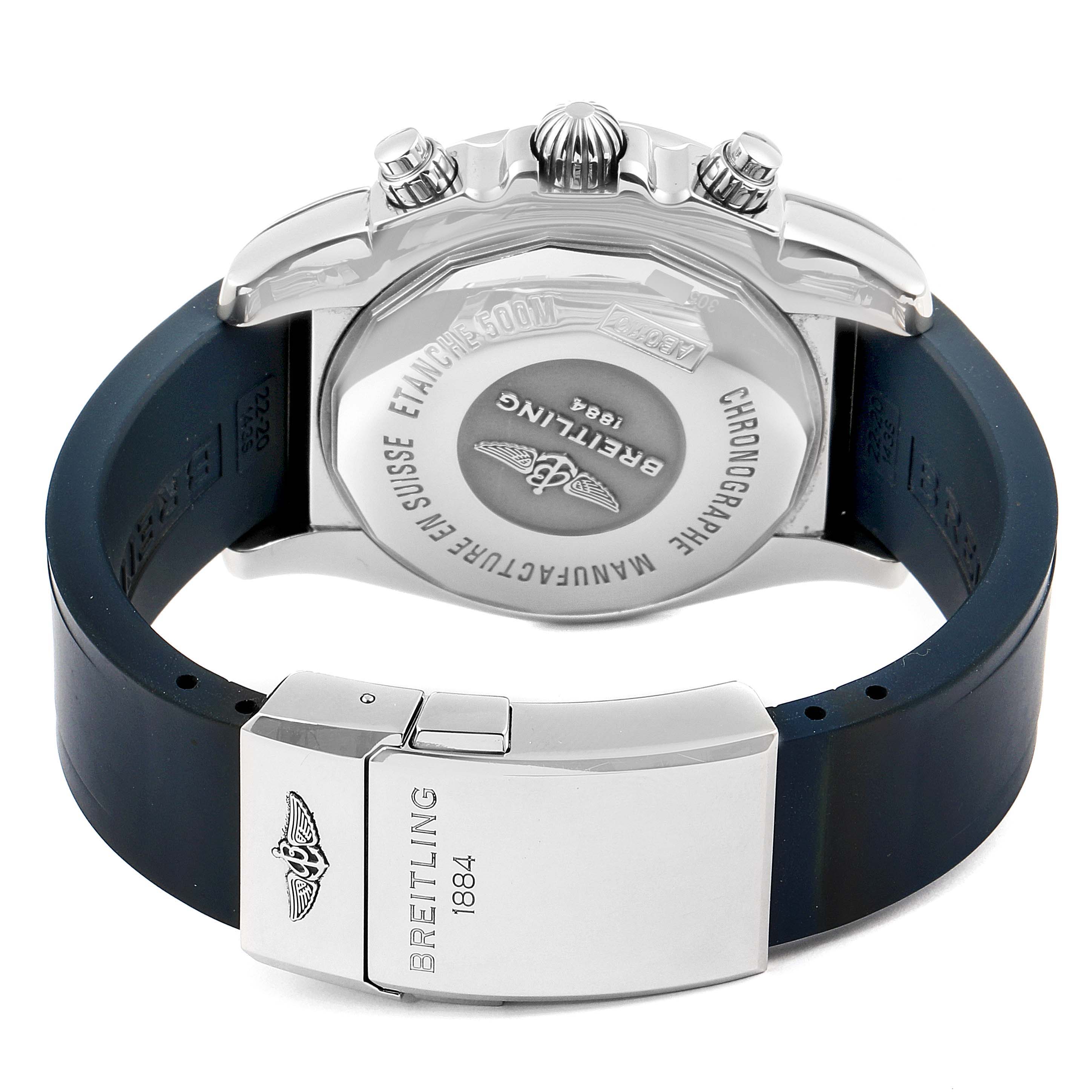 This image shows the back and clasp of the Breitling Chronomat AB0110 Men
s Stainless Steel Blue Dial AB0110 Men
s Stainless Steel Blue Dial watch, viewed from the rear angle.
