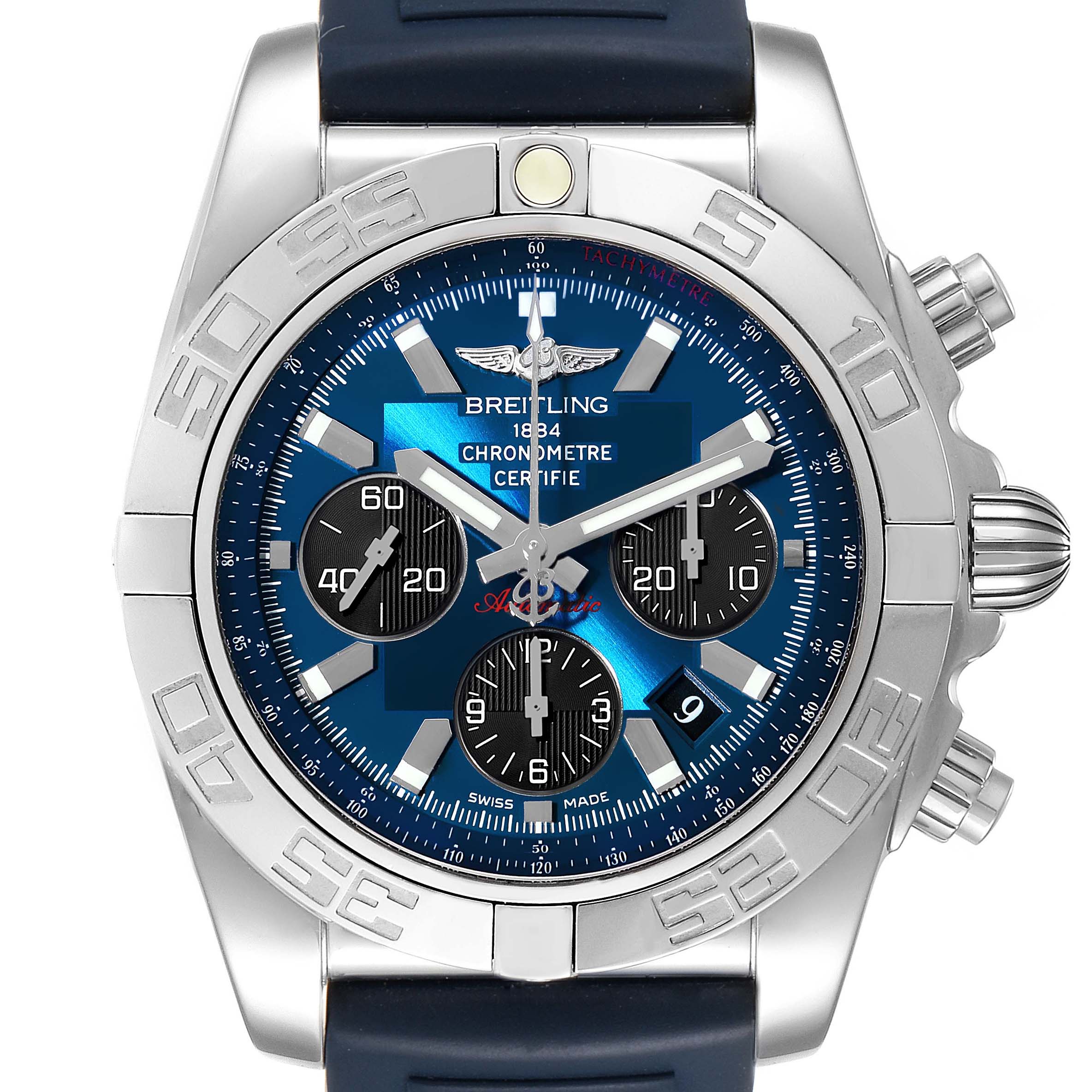 The Breitling Chronomat AB0110 Men
s Stainless Steel Blue Dial AB0110 Men
s Stainless Steel Blue Dial watch is shown from the front, displaying the dial, bezel, and side pushers.