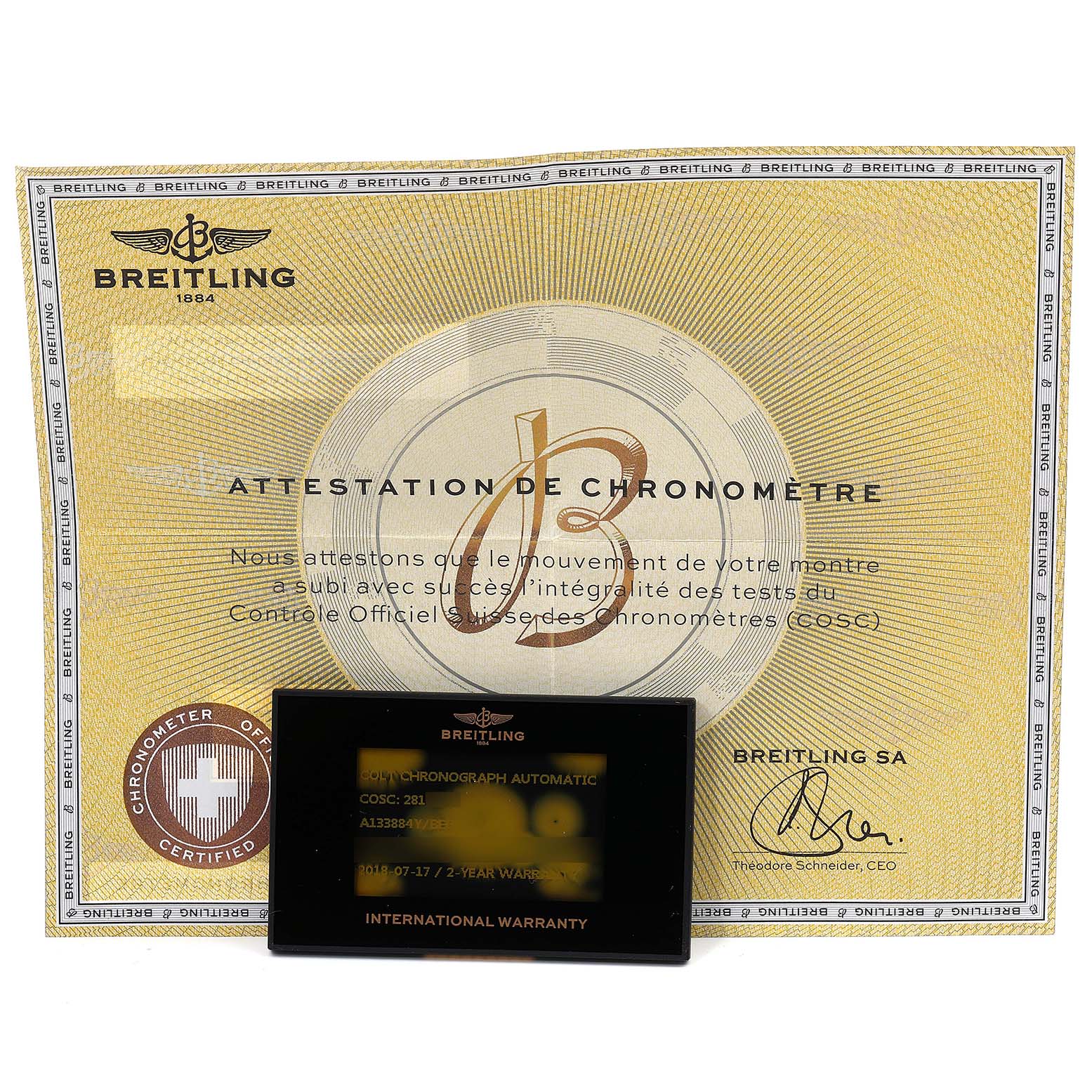 The image shows the chronometer certificate and warranty card for the Breitling Colt A13388 Men's Stainless Steel Black Dial A13388 Men's Stainless Steel Black Dial model.