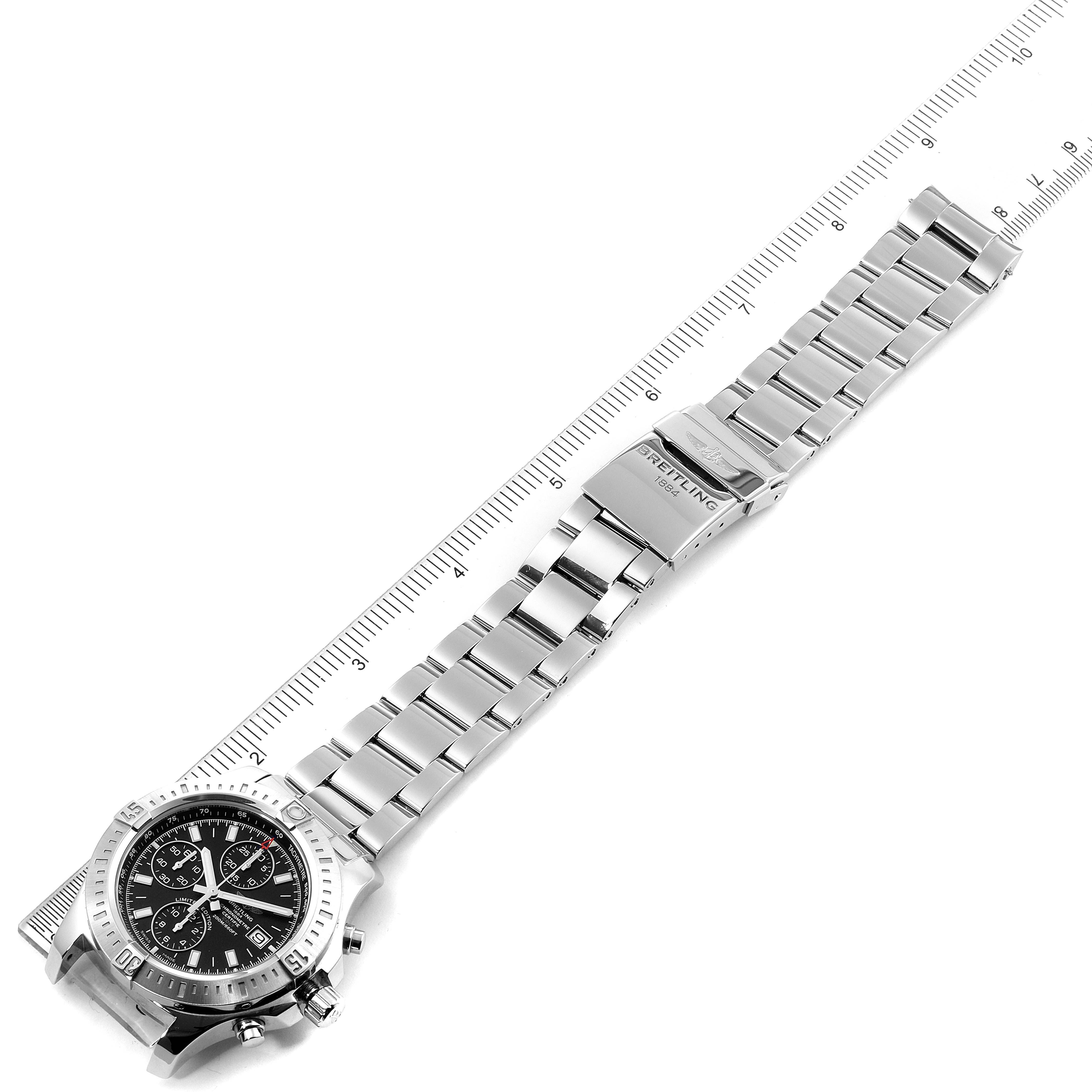 The image shows a top-down view of a Breitling Colt A13388 Men's Stainless Steel Black Dial A13388 Men's Stainless Steel Black Dial watch displaying its face, metal bracelet, and clasp.