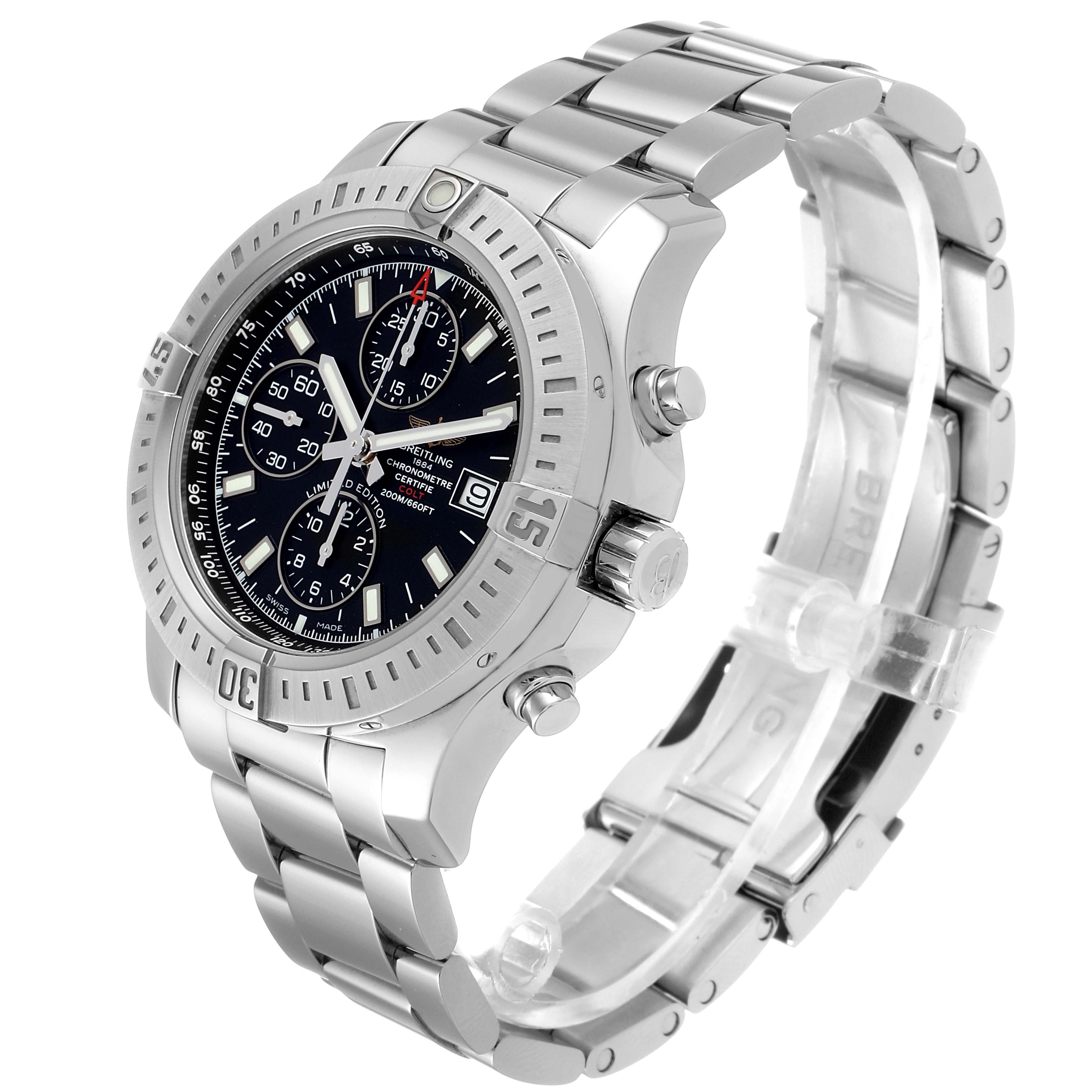 The Breitling Colt A13388 Men's Stainless Steel Black Dial A13388 Men's Stainless Steel Black Dial watch is shown at a three-quarter angle, highlighting its face, bezel, and bracelet.