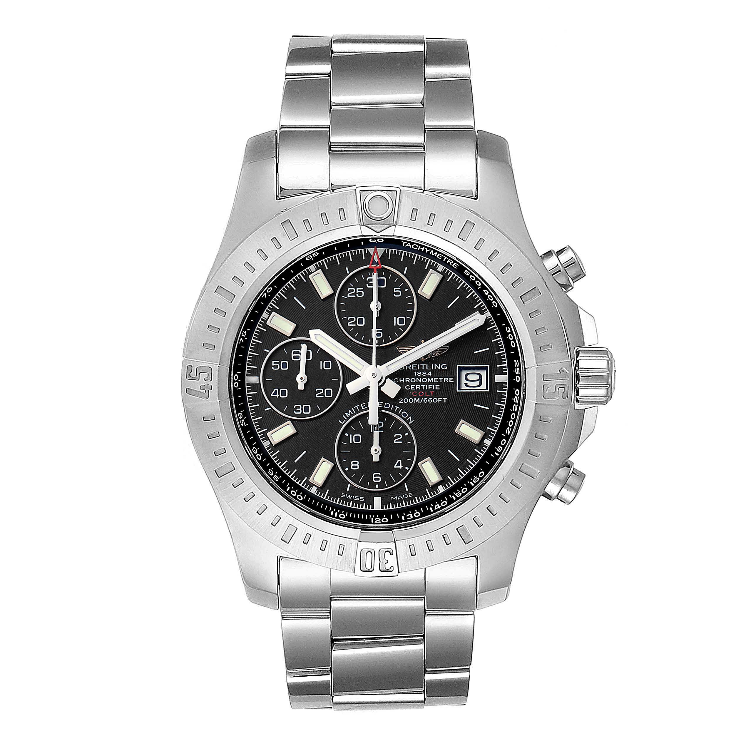The image shows a front view of the Breitling Colt A13388 Men's Stainless Steel Black Dial A13388 Men's Stainless Steel Black Dial watch, highlighting its face, bezel, sub-dials, and metal bracelet.