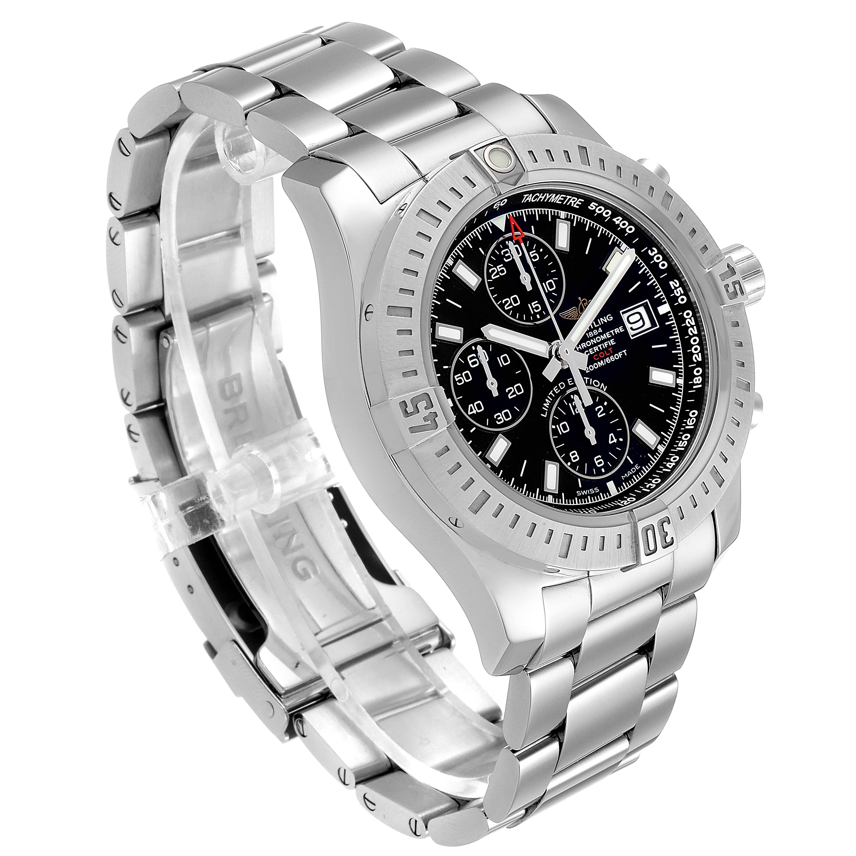 The image shows a Breitling Colt A13388 Men's Stainless Steel Black Dial A13388 Men's Stainless Steel Black Dial watch at an angled view, highlighting the face, case, bezel, and metal bracelet.