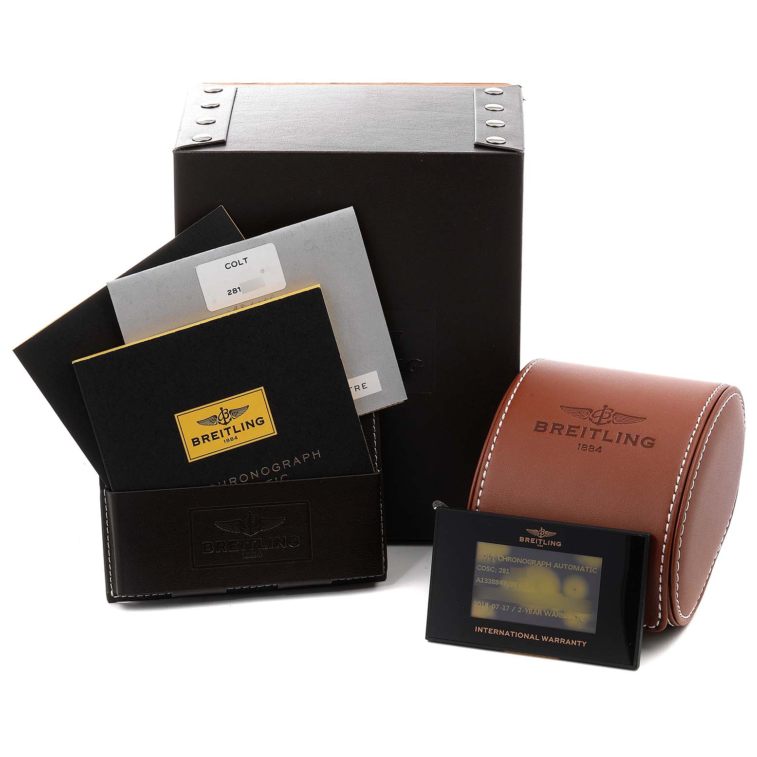 The image shows the Breitling Colt A13388 Men's Stainless Steel Black Dial A13388 Men's Stainless Steel Black Dial watch packaging, including a box, manuals, warranty card, and a leather case.