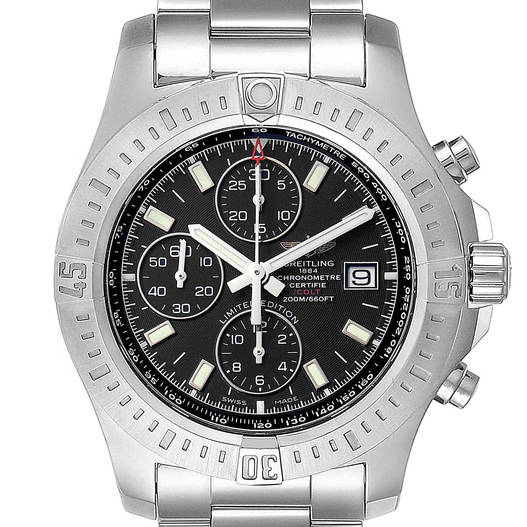The Breitling Colt A13388 Men's Stainless Steel Black Dial A13388 Men's Stainless Steel Black Dial watch is shown at a front angle, displaying its bezel, chronograph sub-dials, and bracelet.