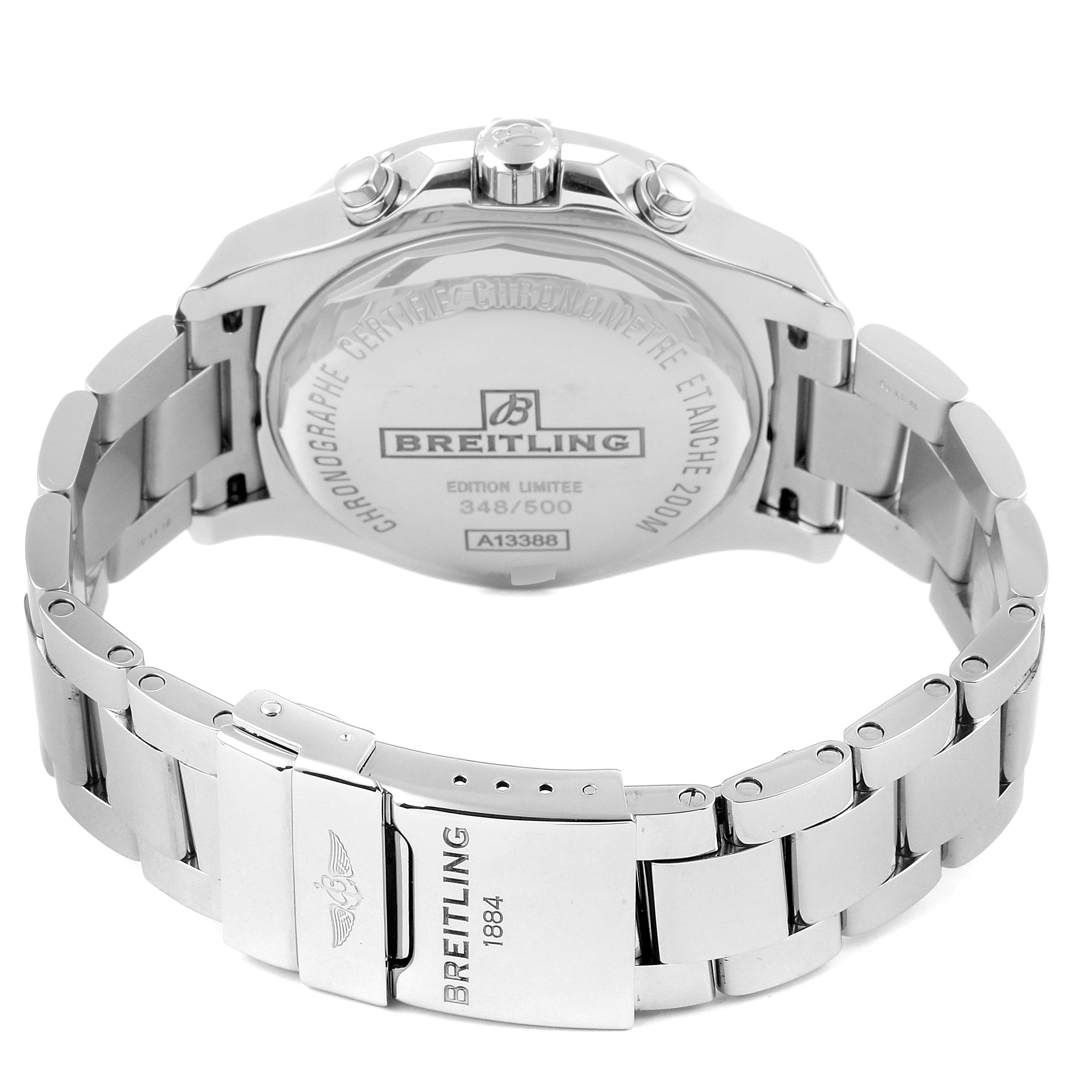 The image shows the back view of the Breitling Colt A13388 Men's Stainless Steel Black Dial A13388 Men's Stainless Steel Black Dial watch, highlighting the case back and the metal bracelet with the clasp.