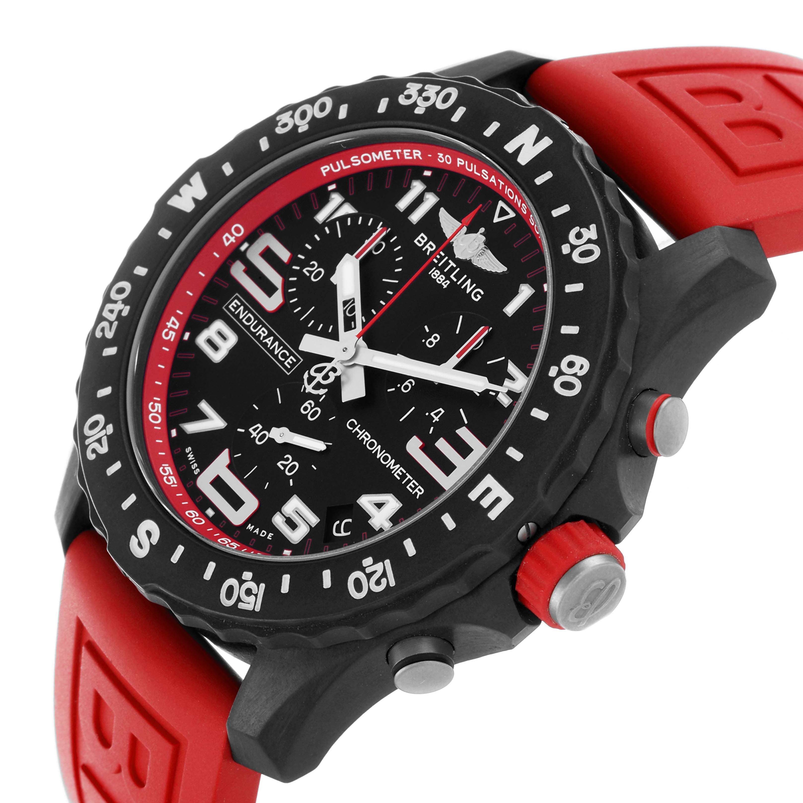 The Breitling Professional Series X82310 Men's Ceramic Black Dial X82310 Men's Ceramic Black Dial watch is shown at a three-quarter angle displaying the dial, bezel, and red strap.
