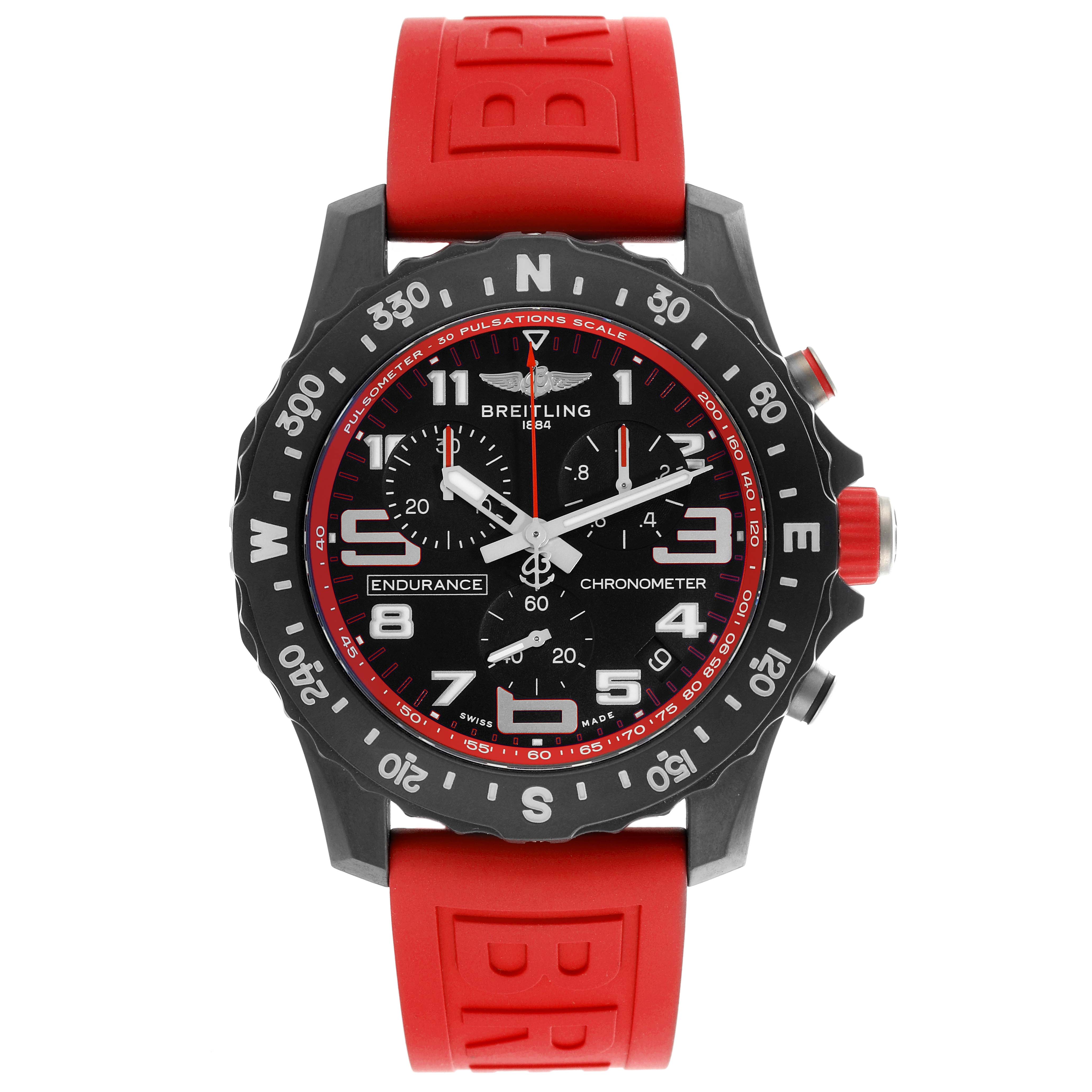 The Breitling Professional Series X82310 Men's Ceramic Black Dial X82310 Men's Ceramic Black Dial watch is shown from the front, displaying the face, bezel, and red strap with large numerals and markers.