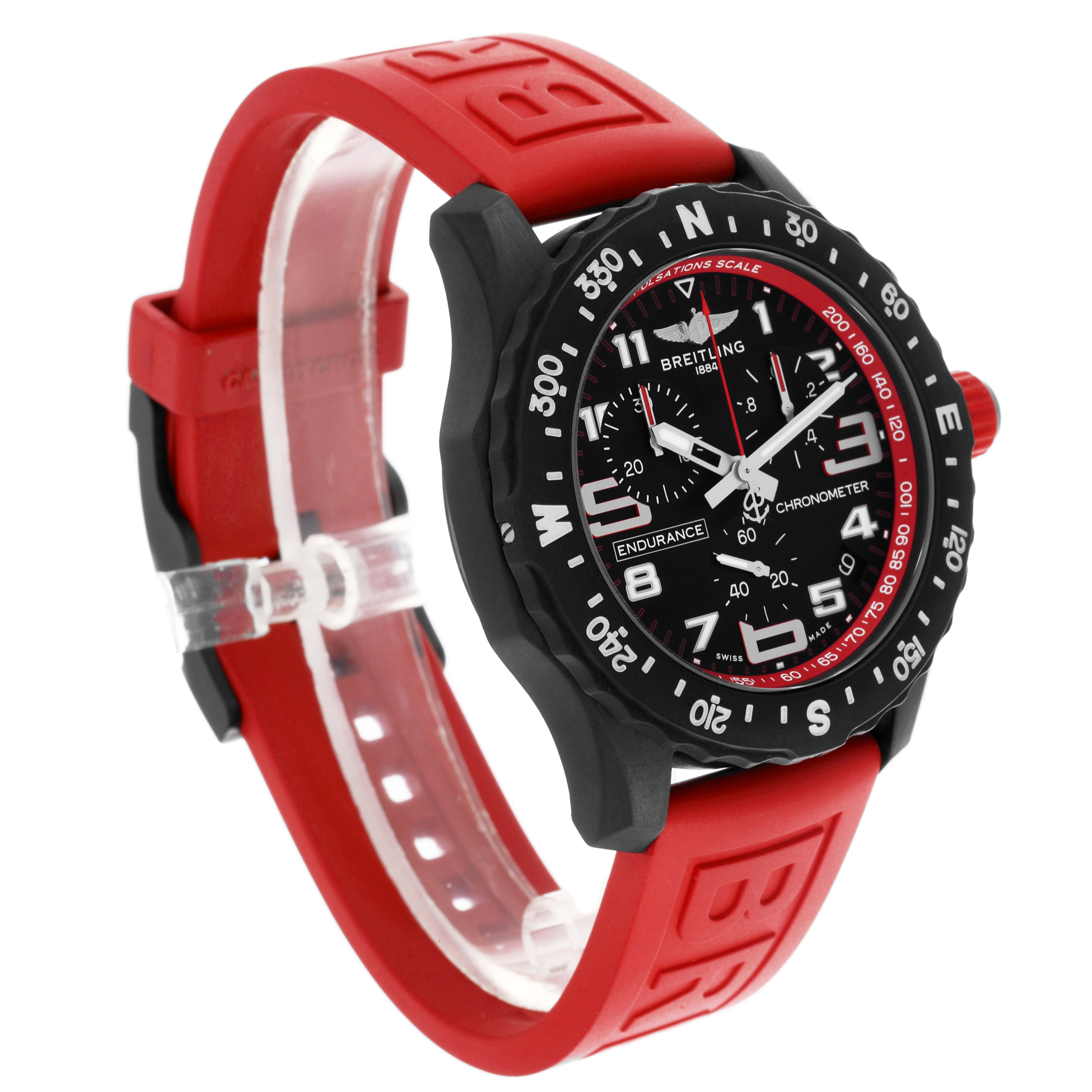 The Breitling Professional Series X82310 Men's Ceramic Black Dial X82310 Men's Ceramic Black Dial watch is shown from a three-quarter angle, highlighting the face, bezel, and red strap.