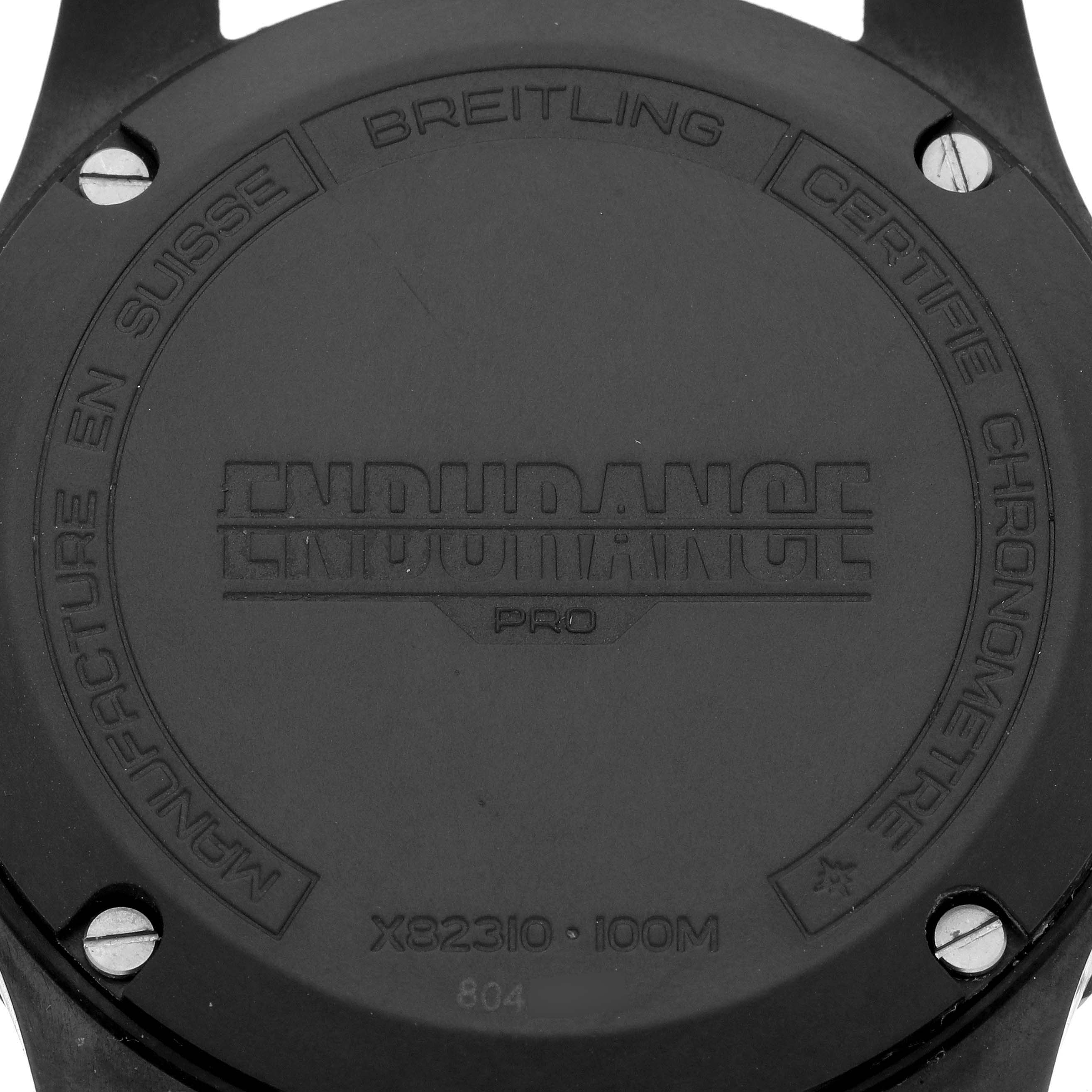 The image shows the back case of the Breitling Endurance Pro, displaying model details and branding.