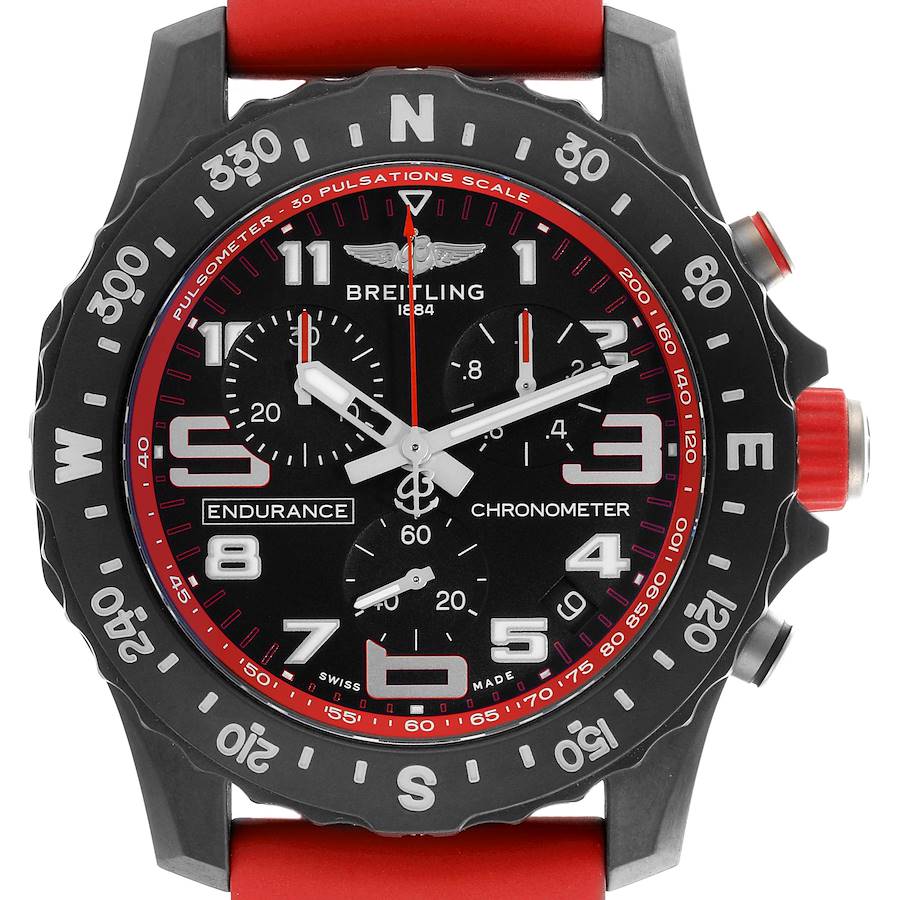 The Breitling Professional Series watch is shown from a front angle, displaying the dial, bezel, and red strap.