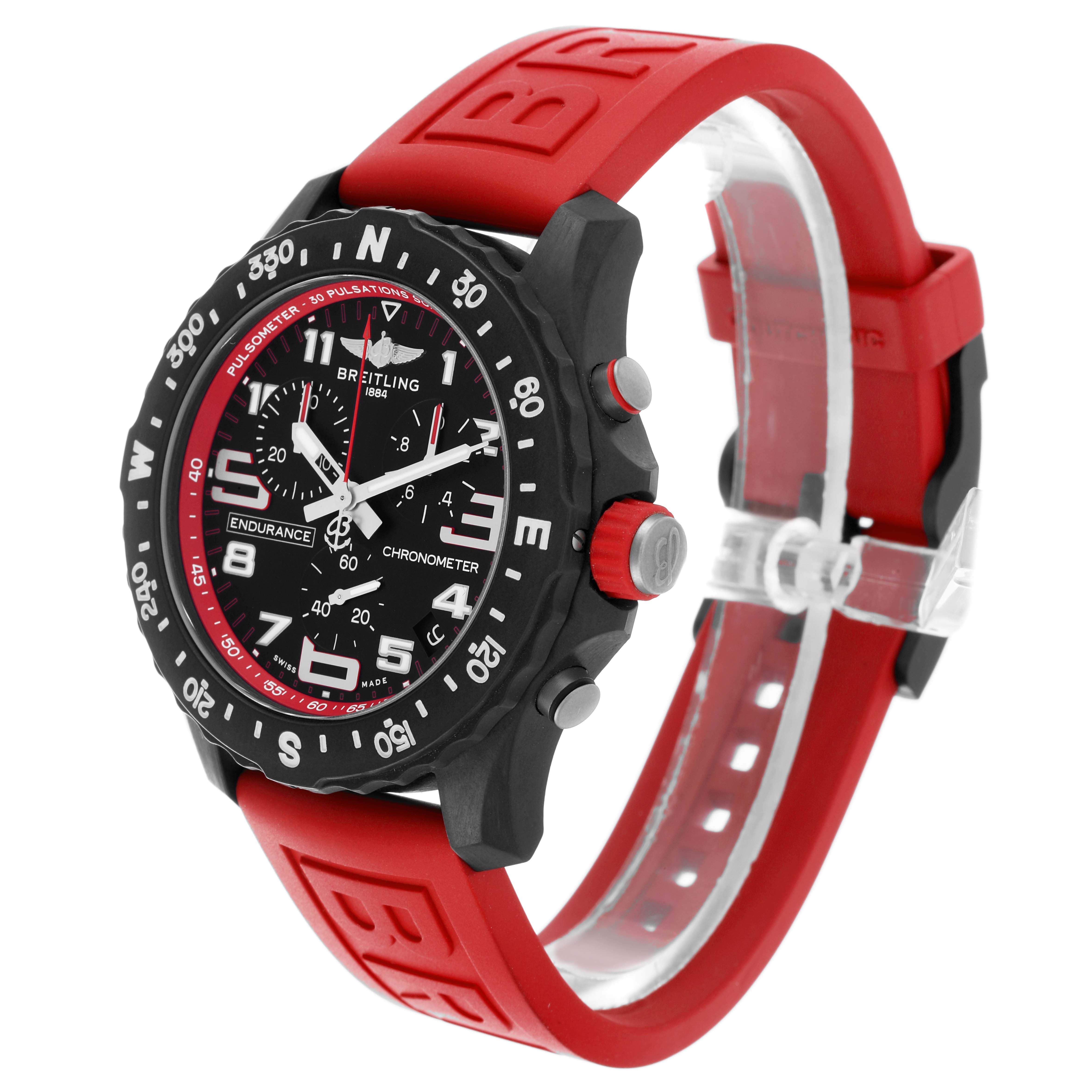The Breitling Professional Series X82310 Men's Ceramic Black Dial X82310 Men's Ceramic Black Dial watch is shown at an angle displaying the face, bezel, side buttons, and red rubber strap.