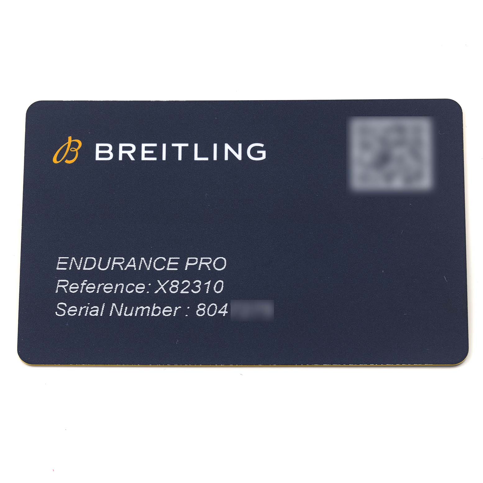 The image shows a Breitling Endurance Pro card with model and serial information.