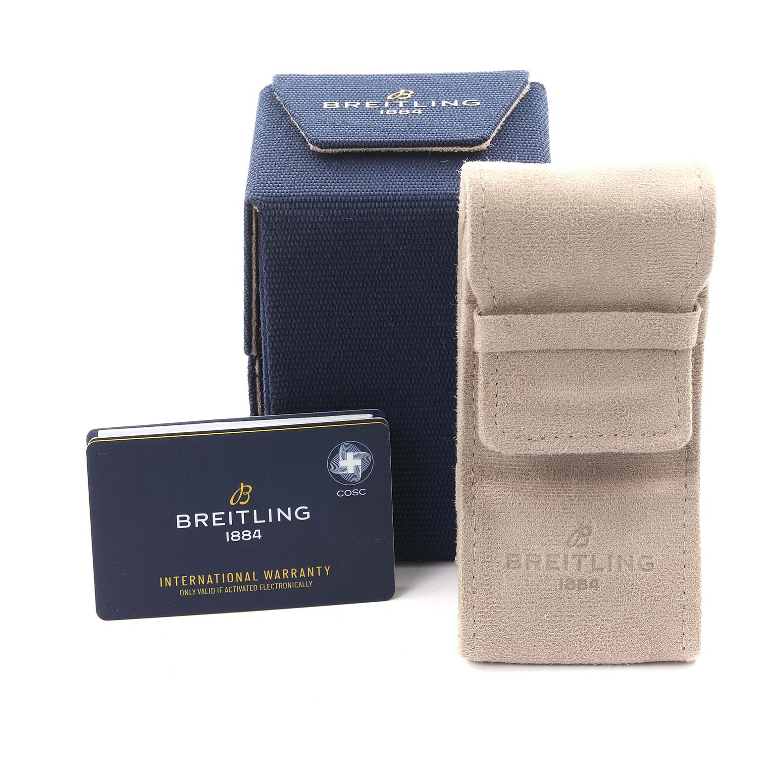 The image shows a Breitling Professional Series X82310 Men's Ceramic Black Dial X82310 Men's Ceramic Black Dial watch box, warranty card, and a pouch from a frontal angle.