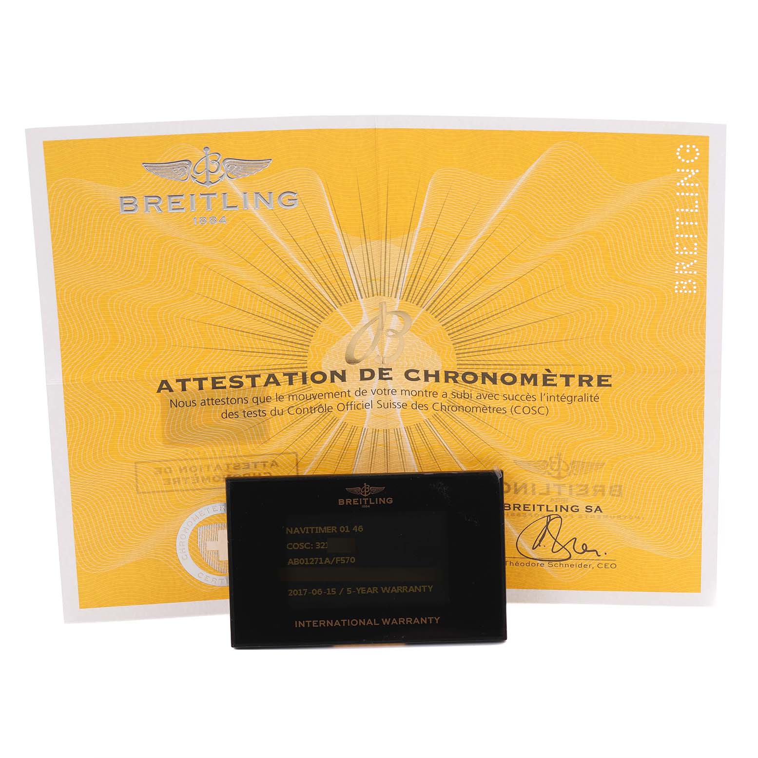 The image shows a Breitling Navitimer AB01271A/F570 Men
s Stainless Steel Grey Dial AB01271A/F570 Men
s Stainless Steel Grey Dial chronometer certificate and warranty card.