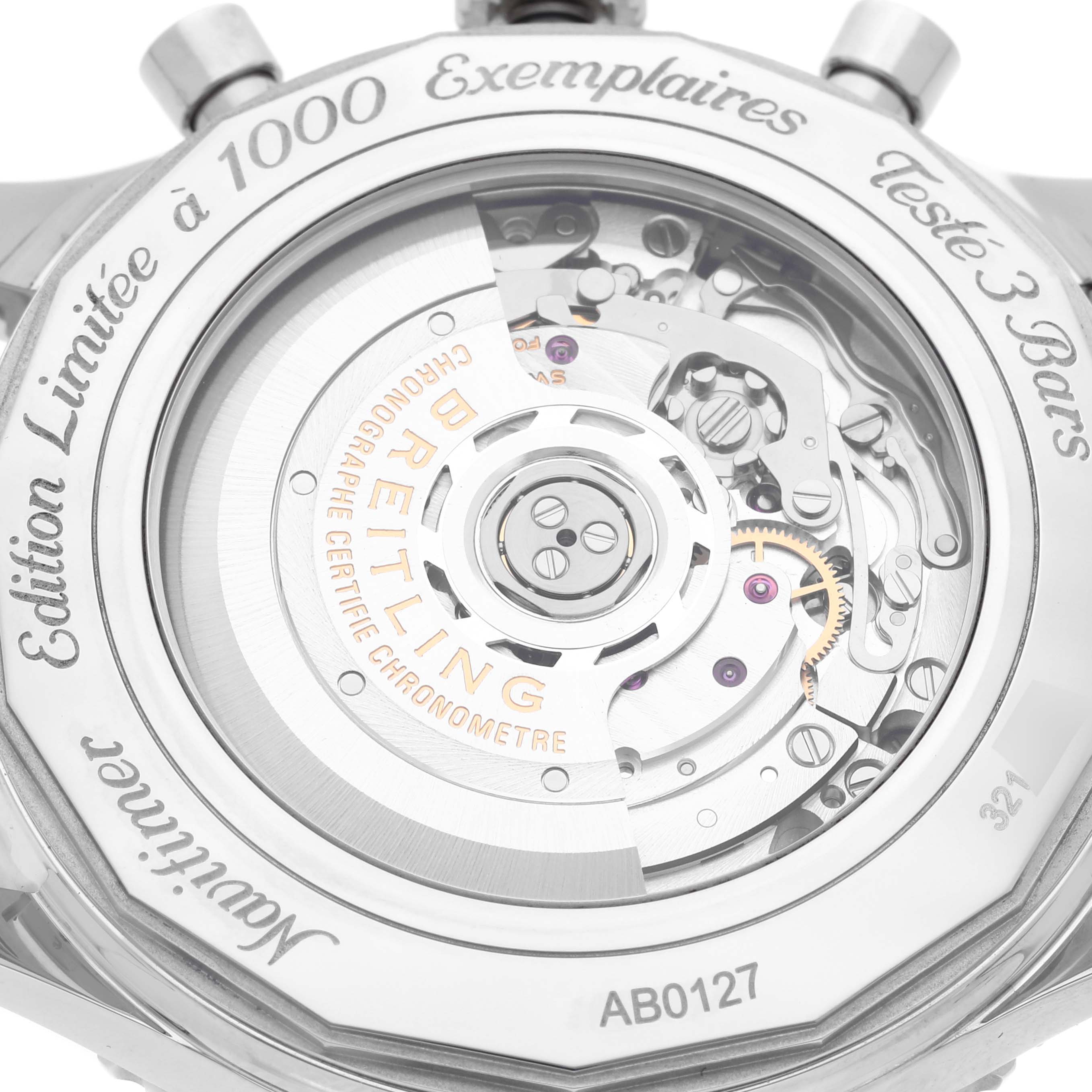 The image shows the back of a Breitling Navitimer AB01271A/F570 Men
s Stainless Steel Grey Dial AB01271A/F570 Men
s Stainless Steel Grey Dial, highlighting the movement and rotor through a transparent caseback.