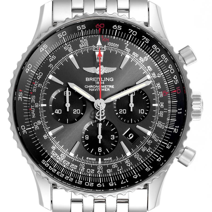 The Breitling Navitimer watch is shown from the front, displaying the dial, bezel, chronograph sub-dials, and metal bracelet.