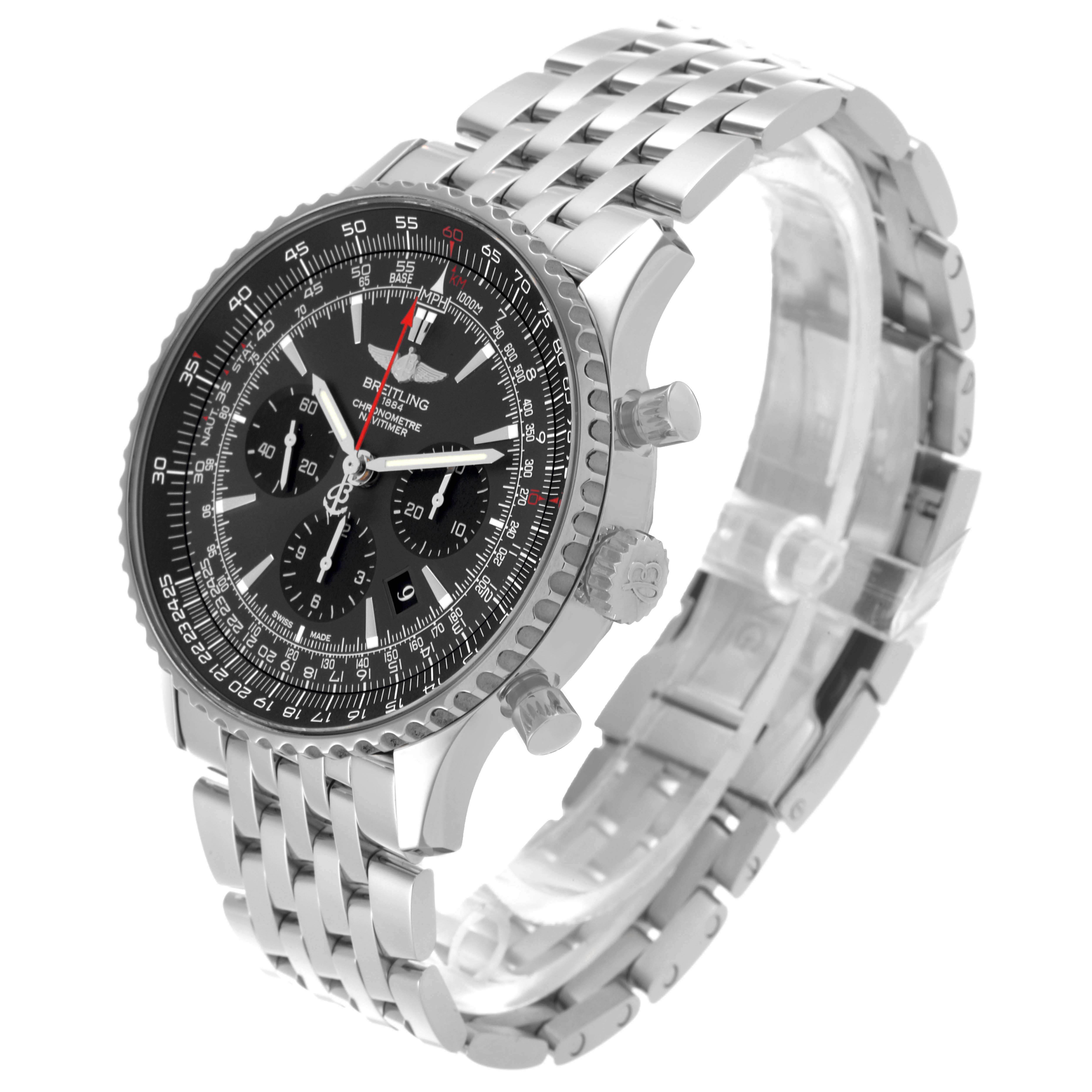 The image shows a side and front angle of the Breitling Navitimer AB01271A/F570 Men
s Stainless Steel Grey Dial AB01271A/F570 Men
s Stainless Steel Grey Dial, highlighting the dial, bezel, crown, and bracelet.