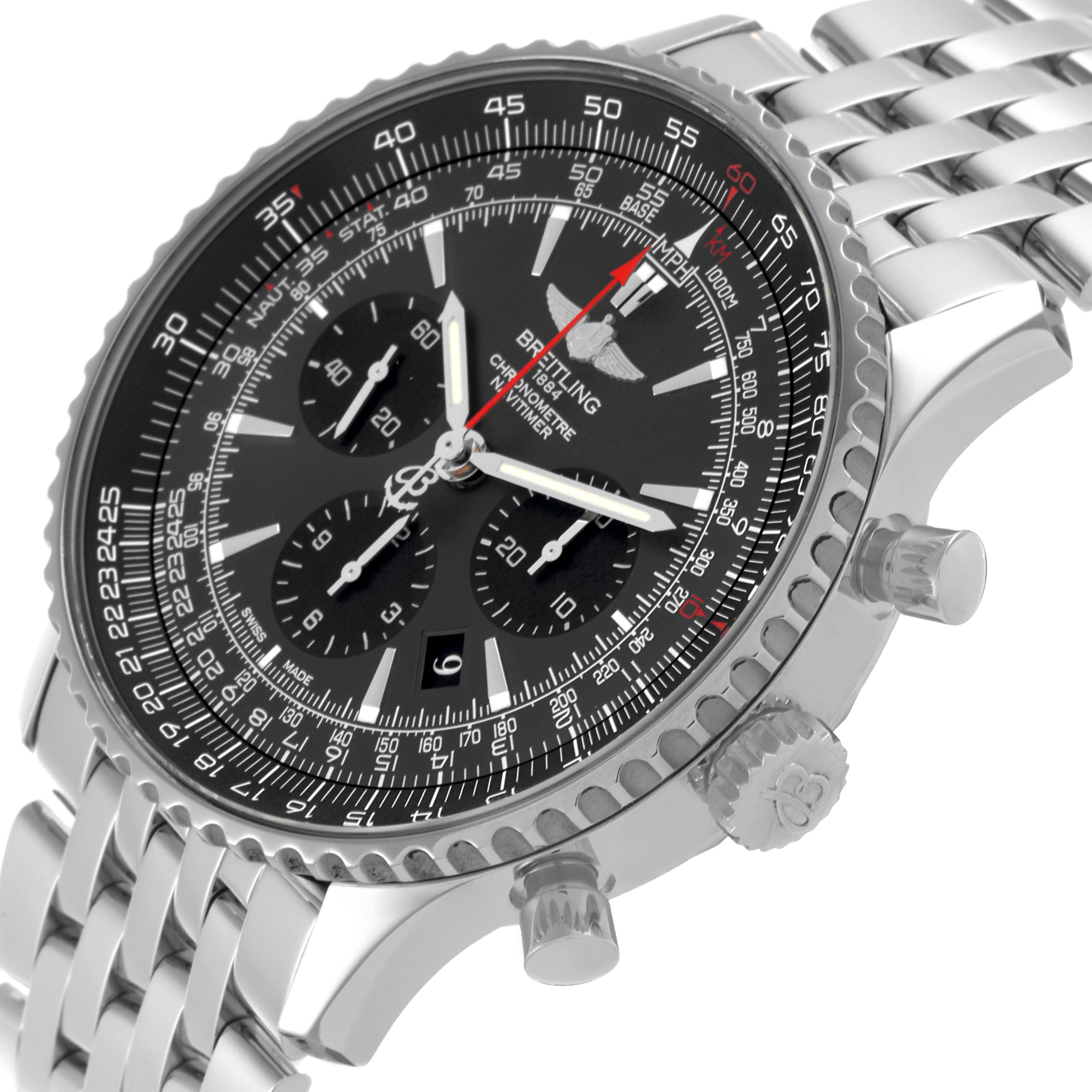 The Breitling Navitimer AB01271A/F570 Men
s Stainless Steel Grey Dial AB01271A/F570 Men
s Stainless Steel Grey Dial watch is shown from a slight side angle, displaying the face, bezel, and metal bracelet.