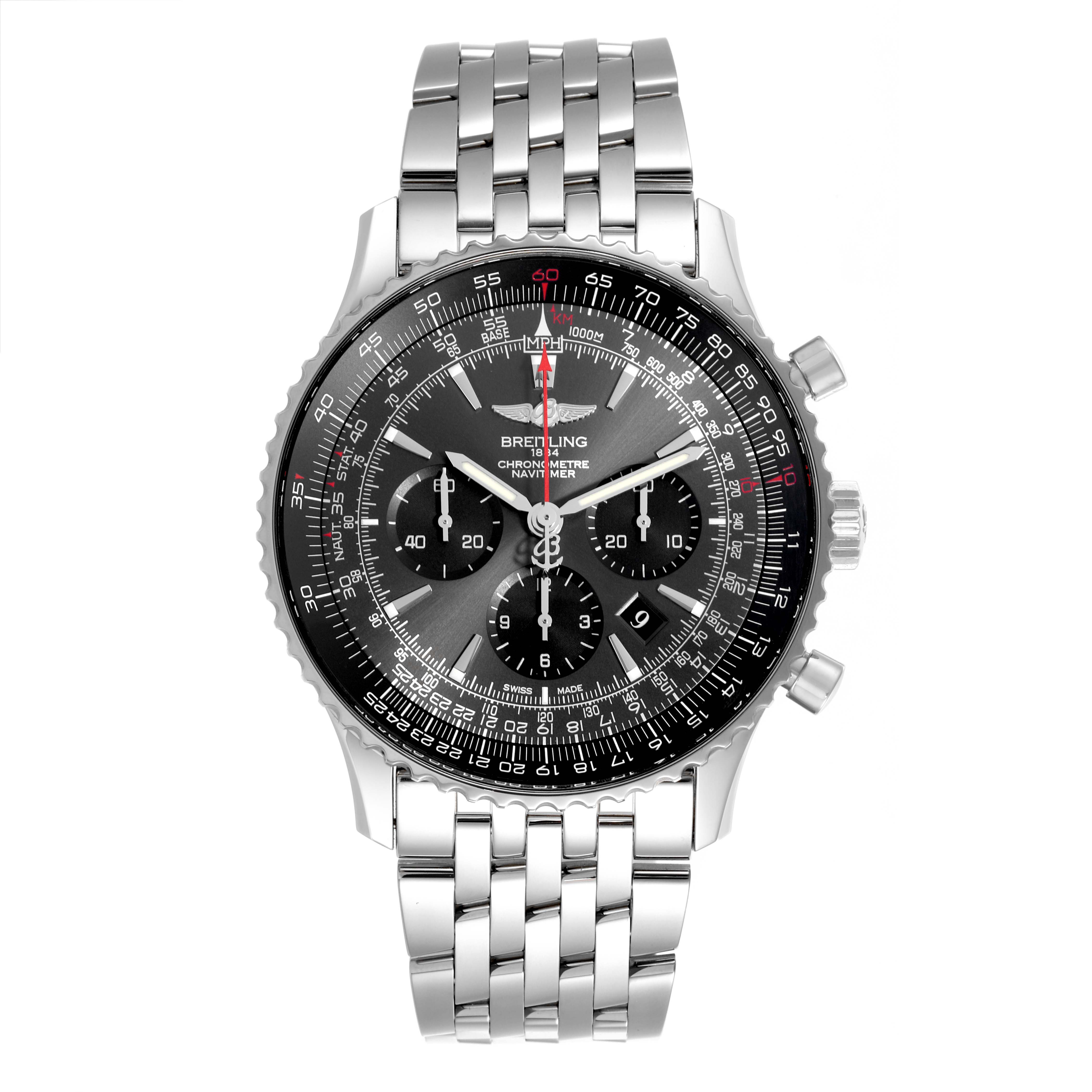 The Breitling Navitimer AB01271A/F570 Men
s Stainless Steel Grey Dial AB01271A/F570 Men
s Stainless Steel Grey Dial watch is shown from the front, displaying its face, bezel, chronograph dials, and metal bracelet.