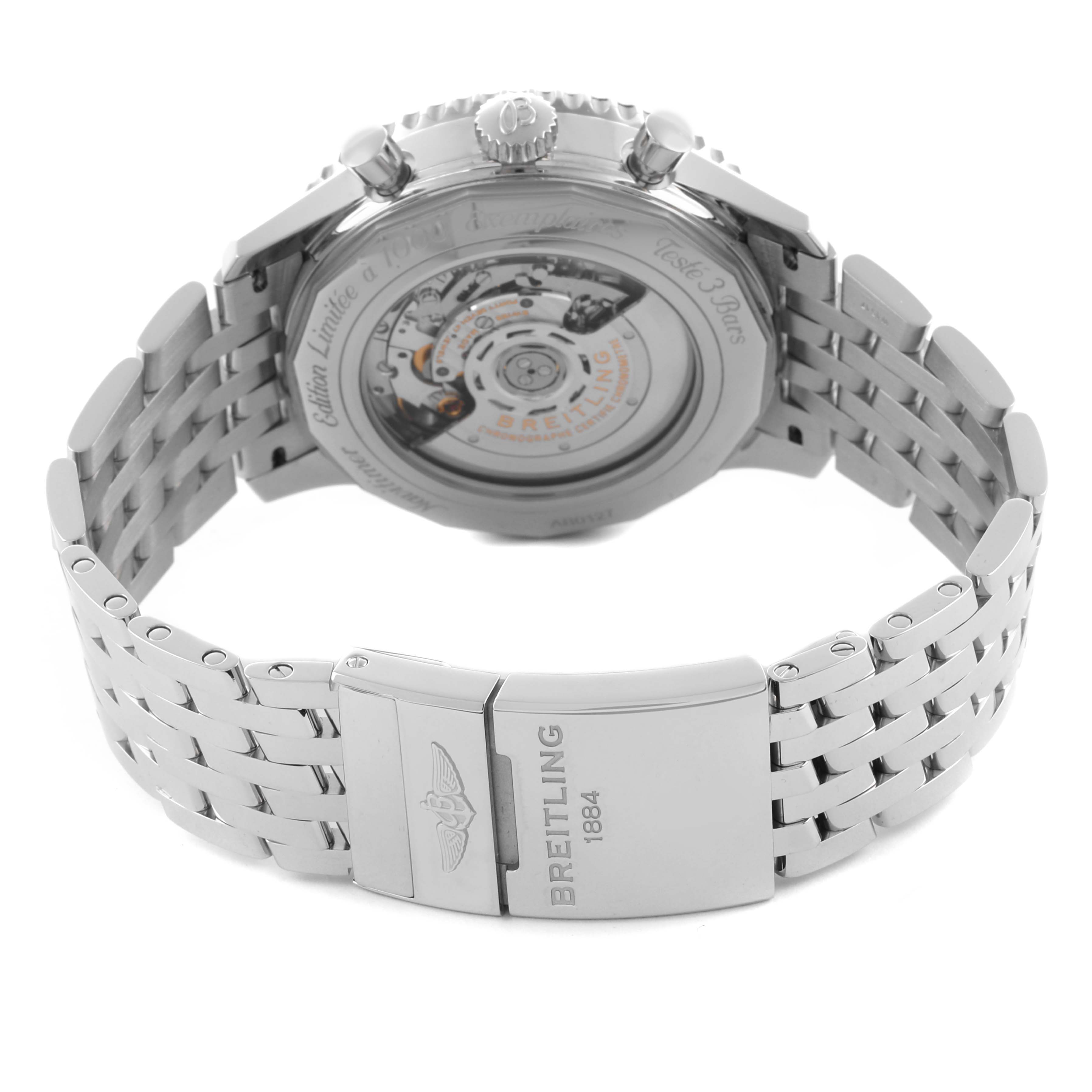 The Breitling Navitimer AB01271A/F570 Men
s Stainless Steel Grey Dial AB01271A/F570 Men
s Stainless Steel Grey Dial is shown from the back, featuring its open case back and metal bracelet.