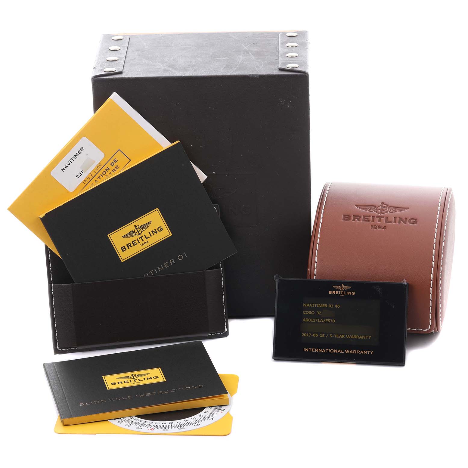 The image shows Breitling Navitimer AB01271A/F570 Men
s Stainless Steel Grey Dial AB01271A/F570 Men
s Stainless Steel Grey Dial accessories, including manuals, warranty card, box, and a leather case.
