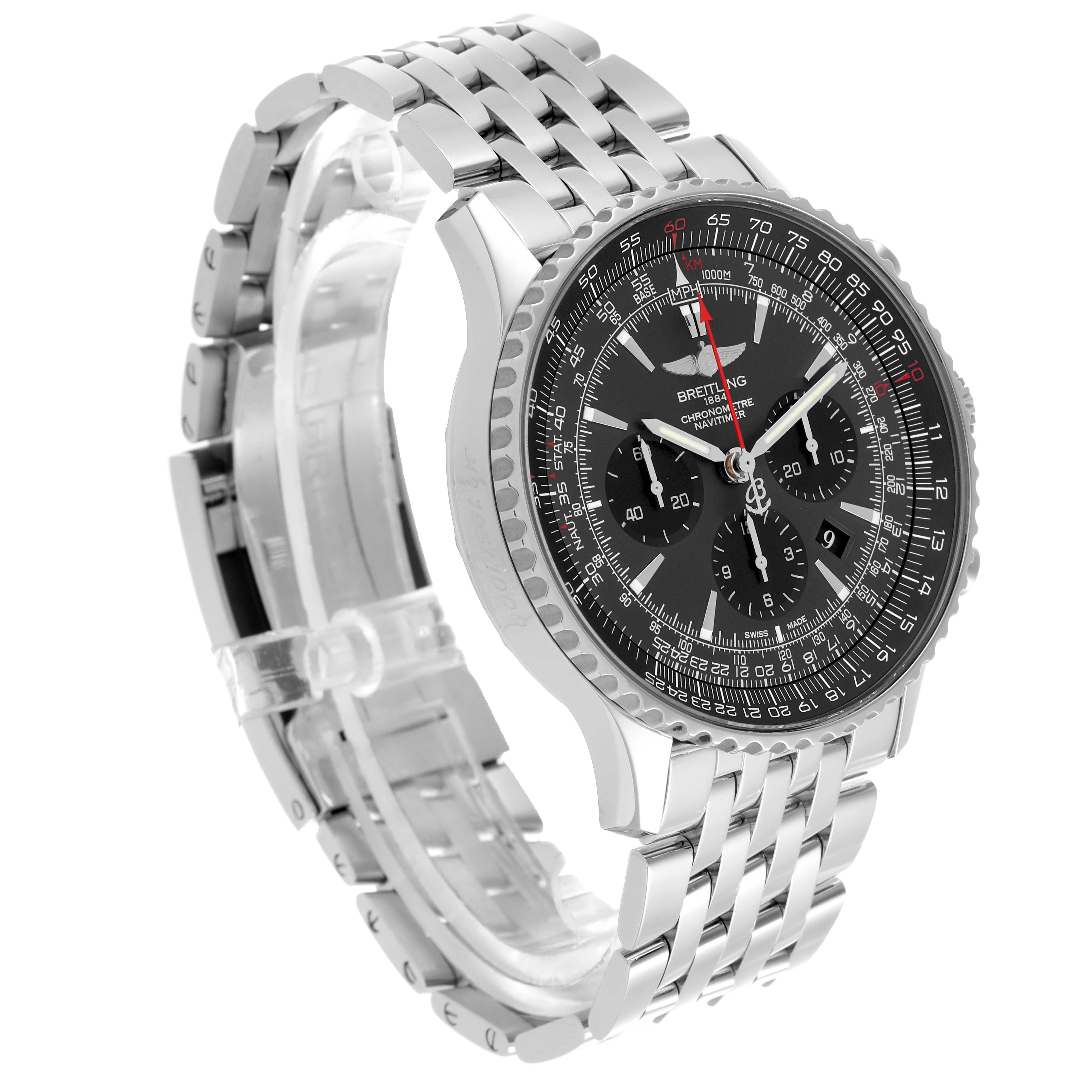 The Breitling Navitimer AB01271A/F570 Men
s Stainless Steel Grey Dial AB01271A/F570 Men
s Stainless Steel Grey Dial watch is shown at a three-quarter angle, displaying the face, bezel, and bracelet.
