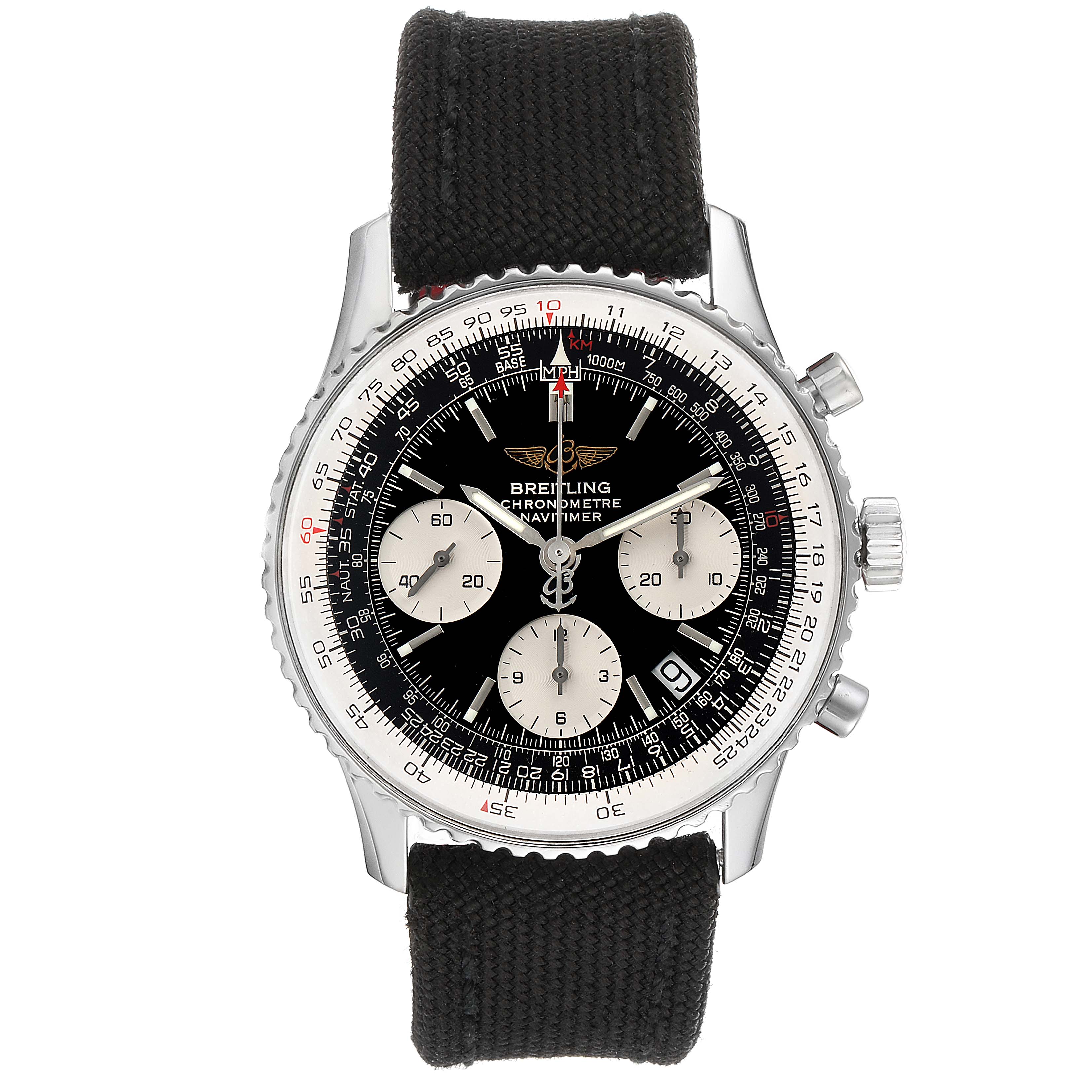 The image shows a front view of the Breitling Navitimer A23322 Men's Stainless Steel Black Dial A23322 Men's Stainless Steel Black Dial watch, highlighting its dial, subdials, and black strap.