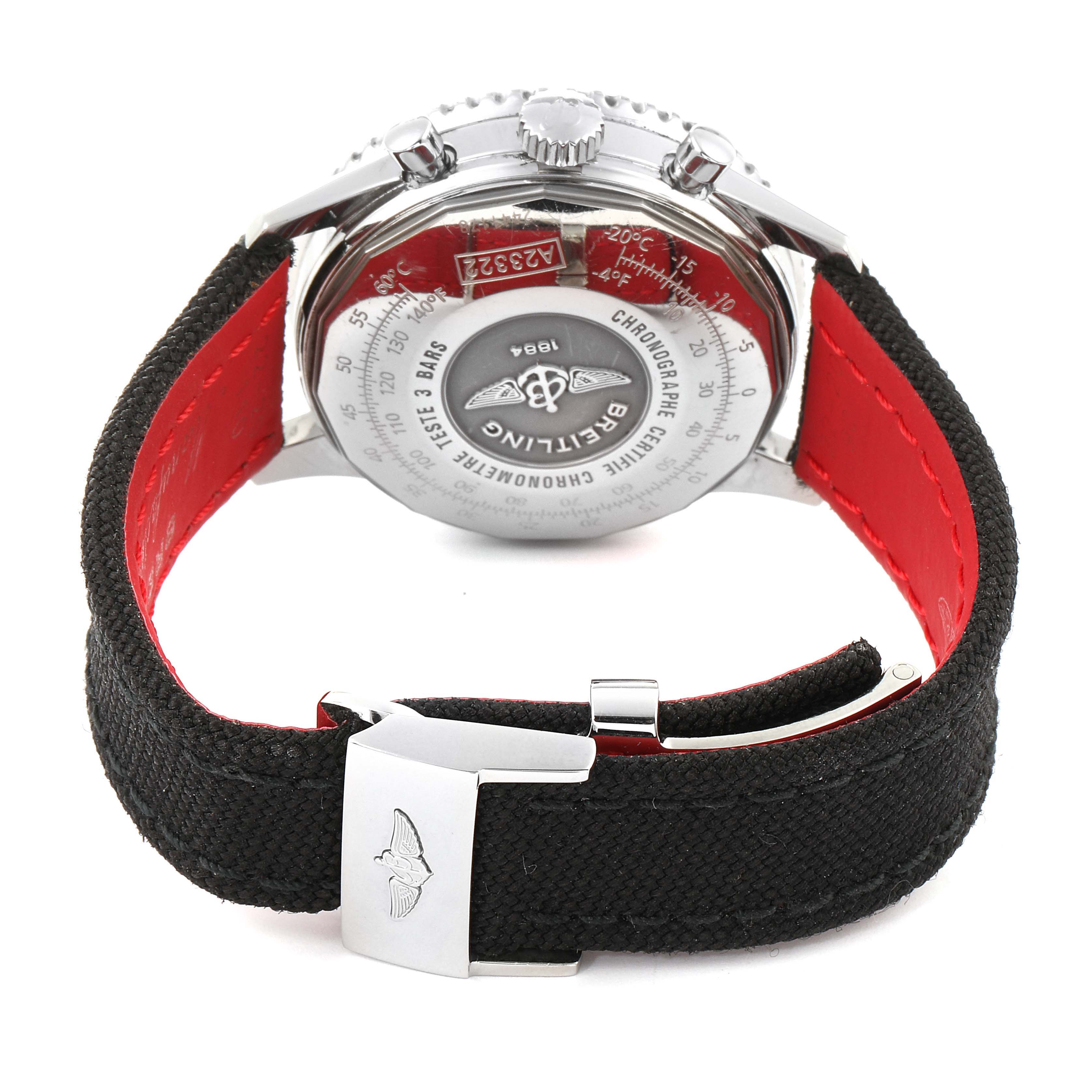 The image shows the back case and black-red strap of a Breitling Navitimer A23322 Men's Stainless Steel Black Dial A23322 Men's Stainless Steel Black Dial watch at an angled rear view.
