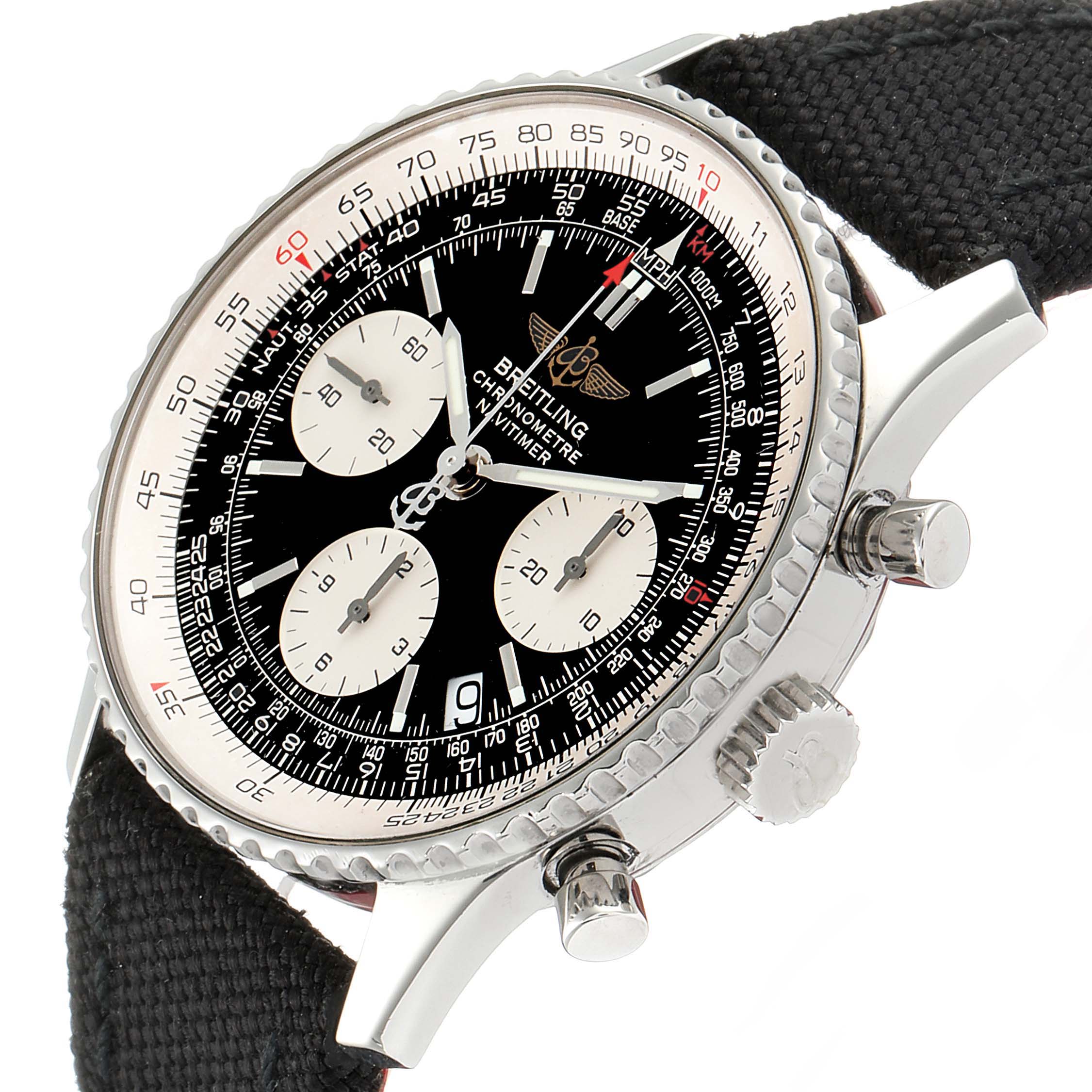 The image shows a close angled view of the Breitling Navitimer A23322 Men's Stainless Steel Black Dial A23322 Men's Stainless Steel Black Dial watch, highlighting the face, chronograph sub-dials, bezel, and crown.