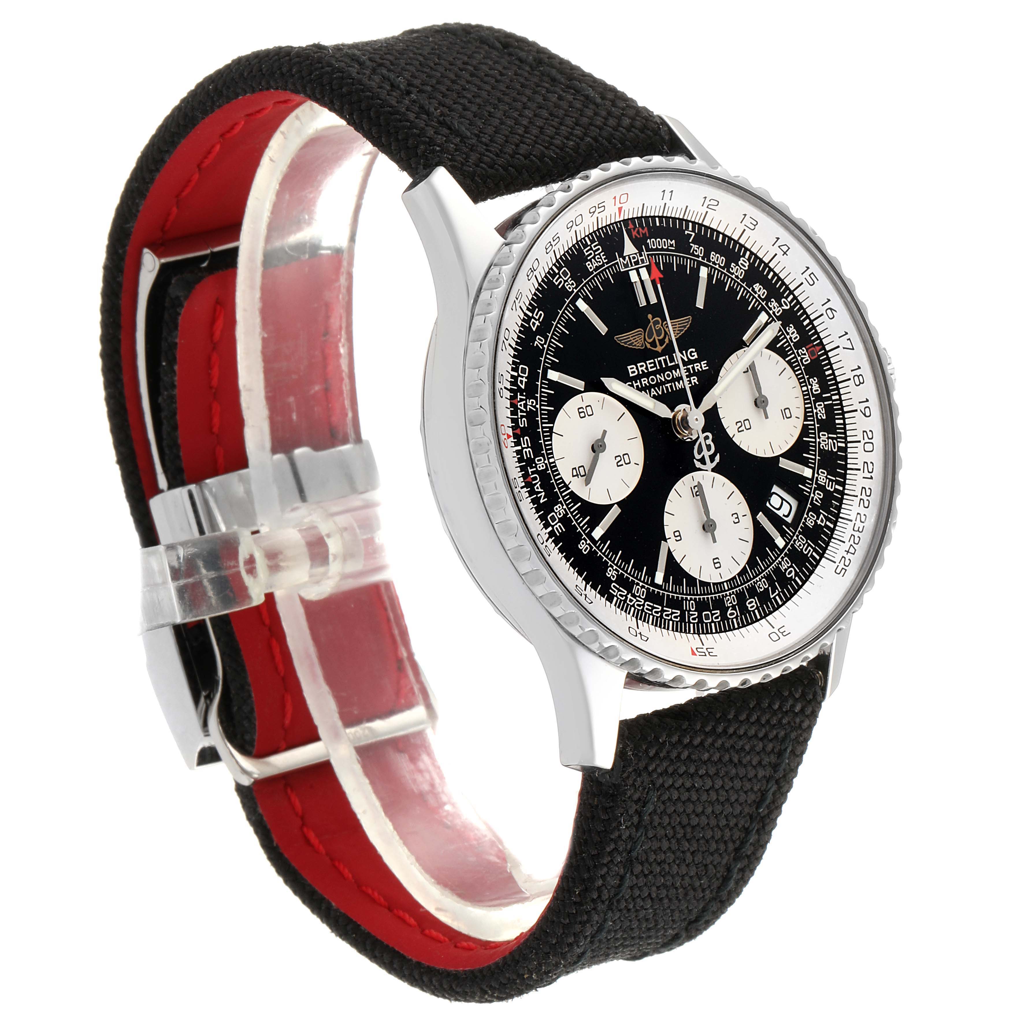 The Breitling Navitimer A23322 Men's Stainless Steel Black Dial A23322 Men's Stainless Steel Black Dial watch is shown from an oblique angle, highlighting the dial, bezel, and strap.