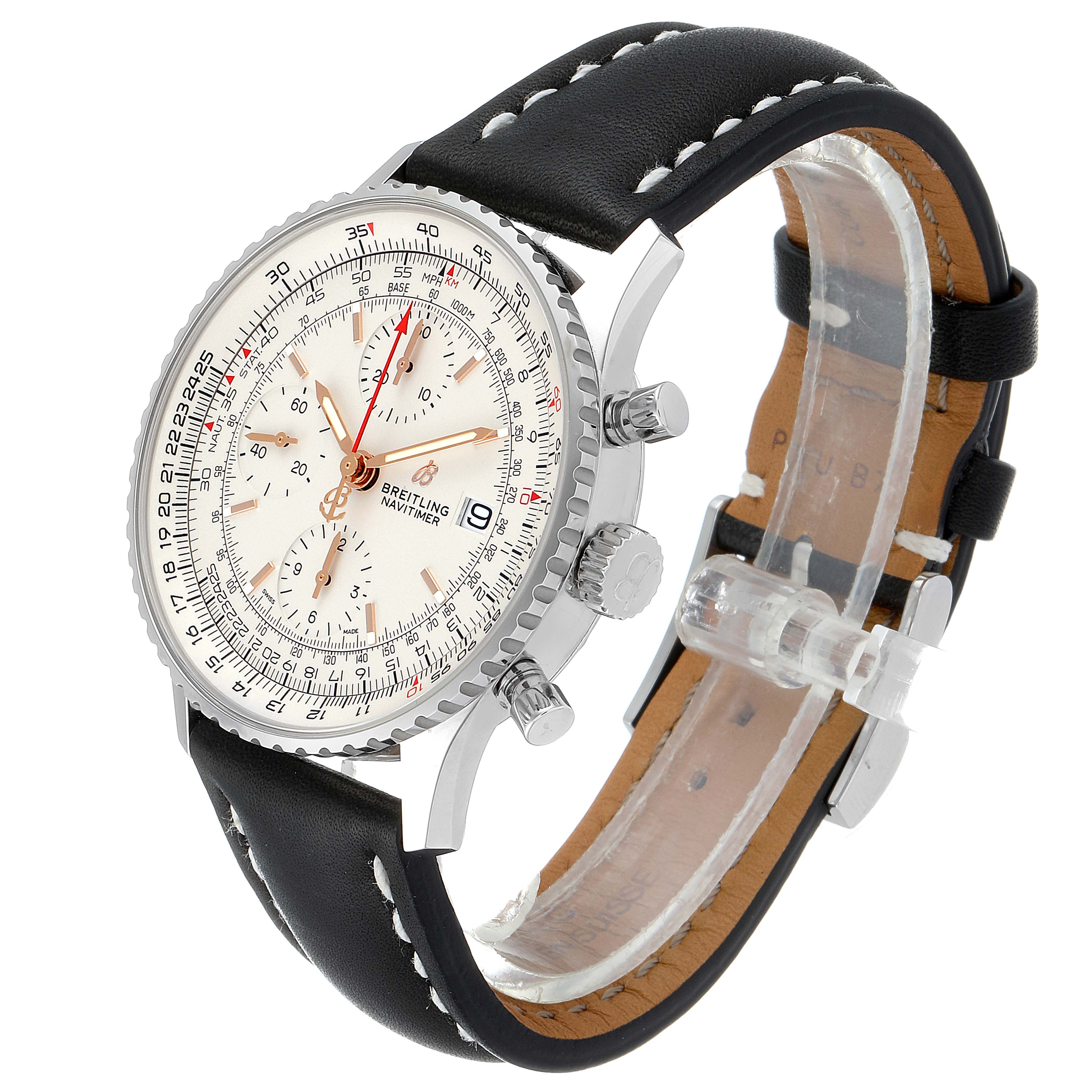 The image shows a Breitling Navitimer A13324 Men's Stainless Steel White Dial A13324 Men's Stainless Steel White Dial watch at a three-quarter angle, highlighting the face, bezel, pushers, crown, and leather strap.
